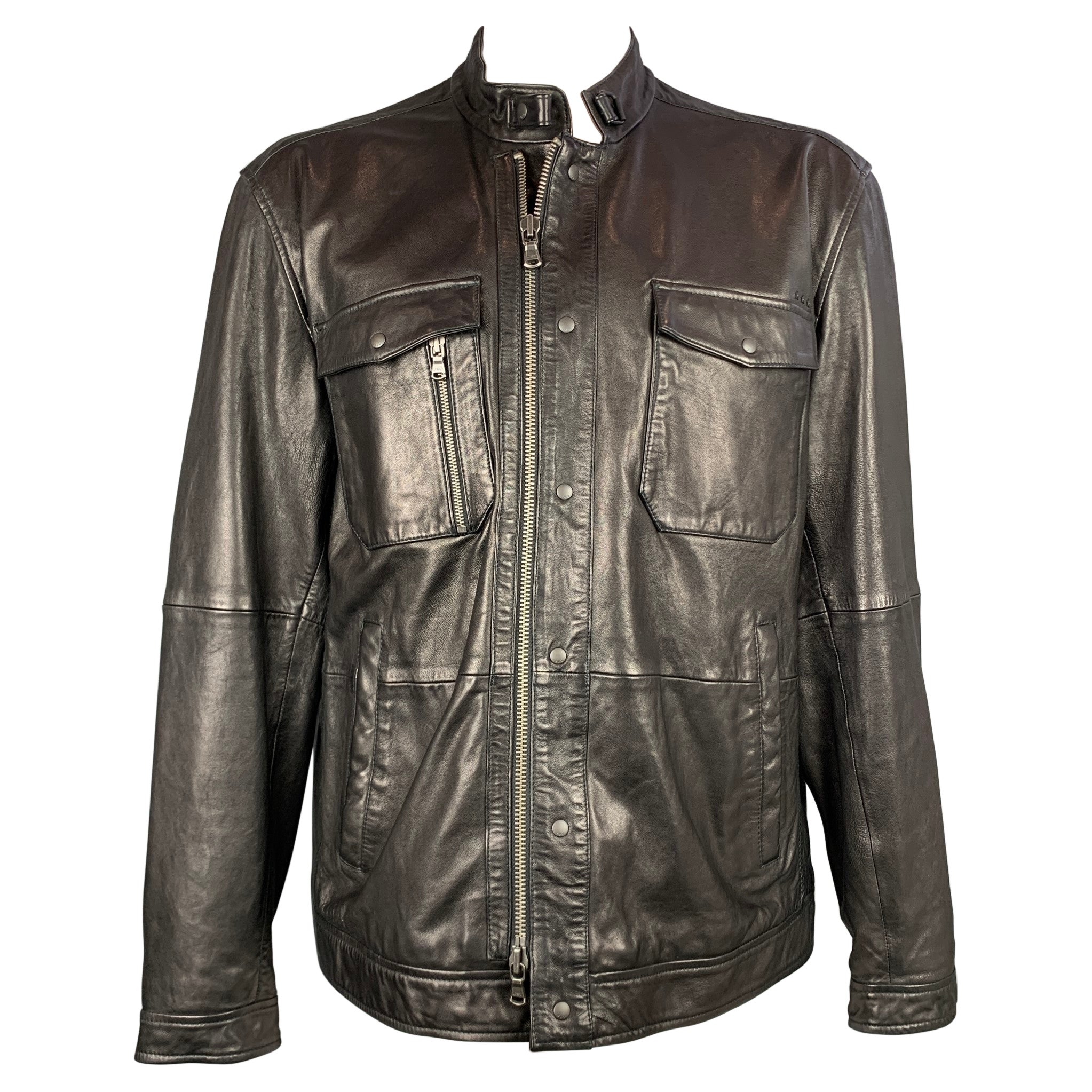 JOHN VARVATOS Size XXL Black Leather Zip Up 
Snaps Jacket