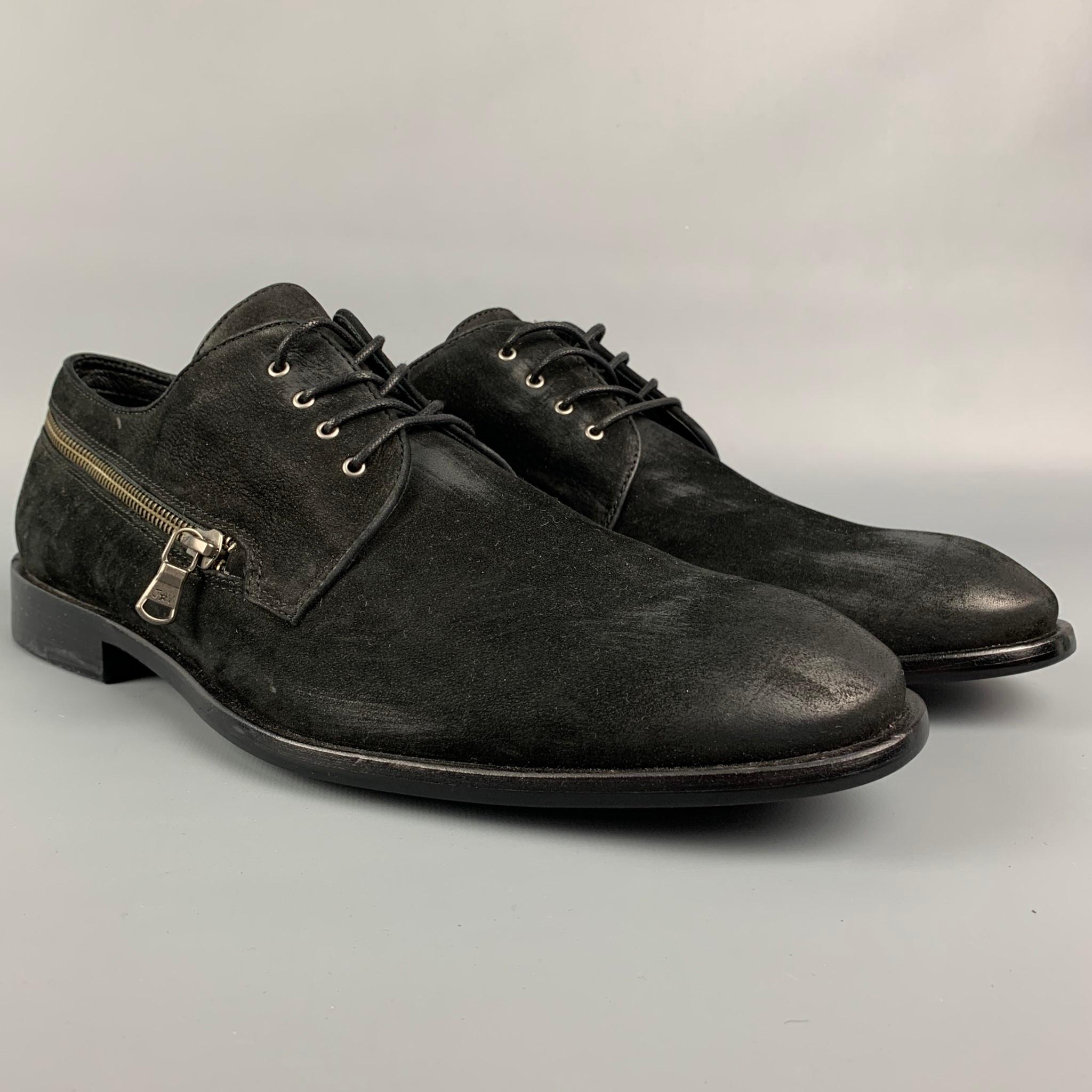 JOHN VARVATOS *U.S.A shoes comes in a black antique suede featuring a zip around detail, cap toe, stacked heel, and a lace up closure. 

Good Pre-Owned Condition.
Marked: F3629U3B A699B 001 11M

Outsole: 12.5 in. x 4 in.