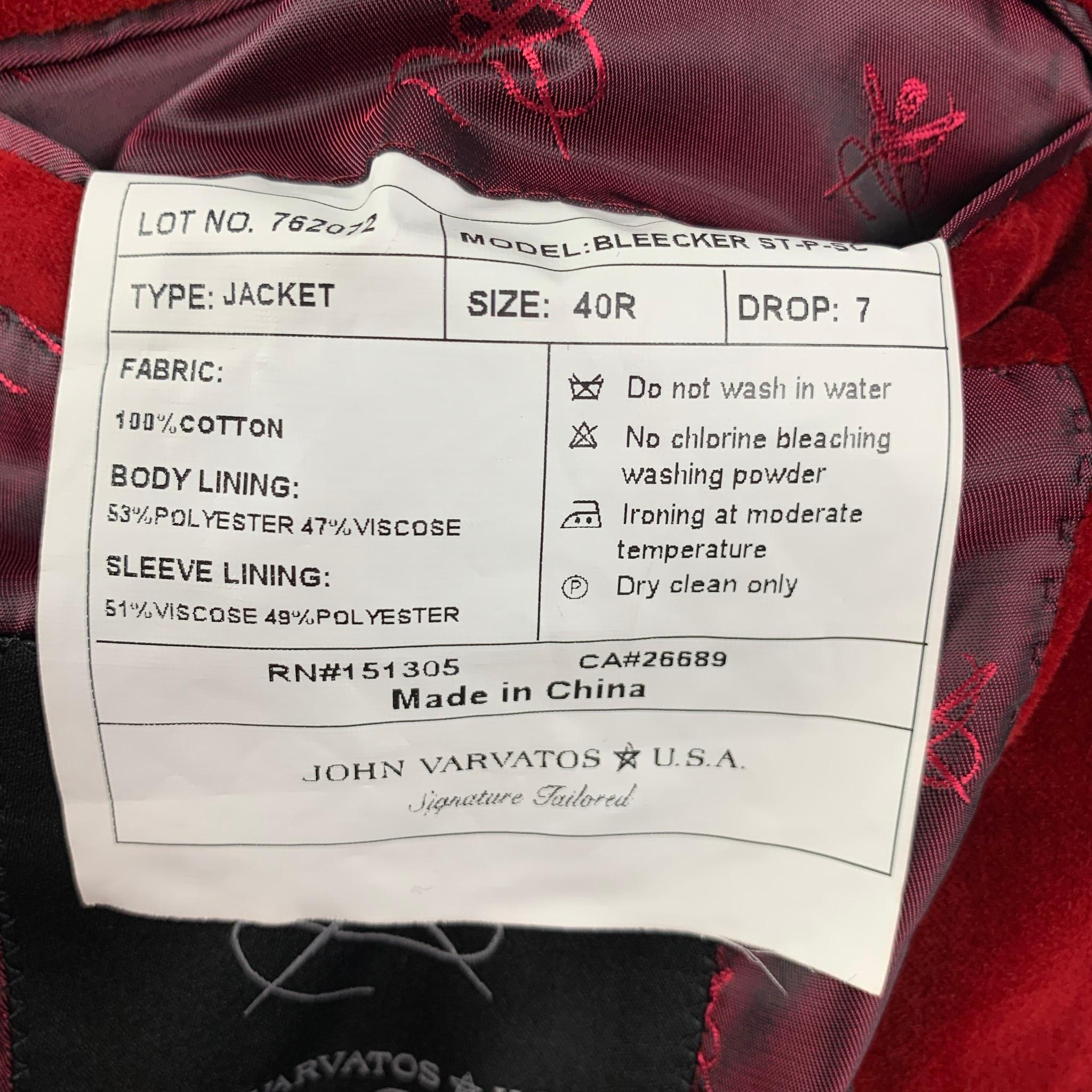JOHN VARVATOS * U.S.A. Size 40 Regular Red Velvet Cotton Sport Coat In Good Condition In San Francisco, CA