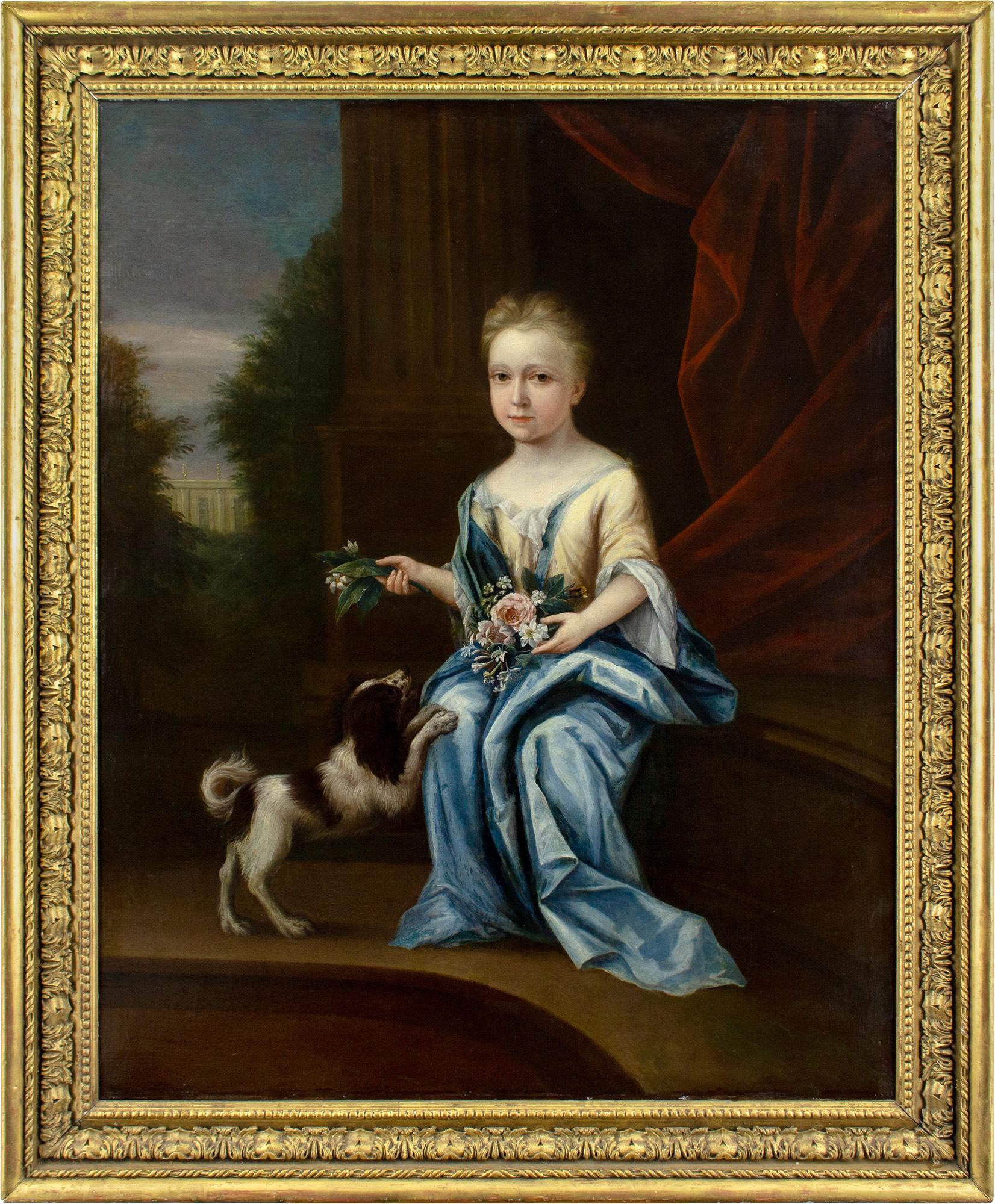 This large early 18th-century full-length portrait depicts a seated young lady before a classical column and distant country house. It was formerly in the collection of Dalham Hall in Suffolk.

Wrapped in a fine pale blue cloak with a yellow bodice