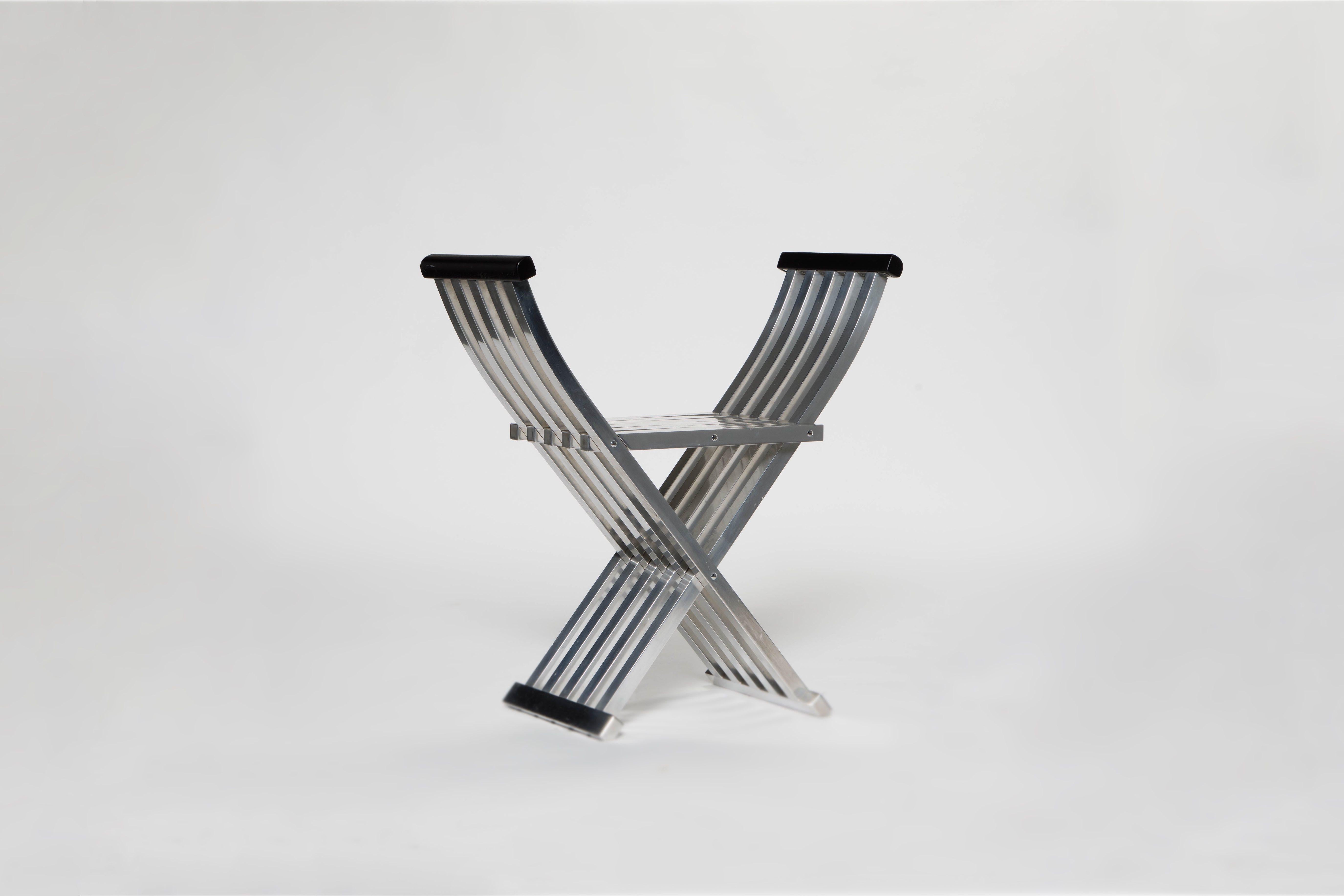 Mid-Century Modern John Vesey Aluminum and Walnut Folding Directoire Bench, circa 1958 For Sale