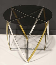 John Vesey Brass and Brushed Aluminum End Table 1970s, Smoked Glass Top