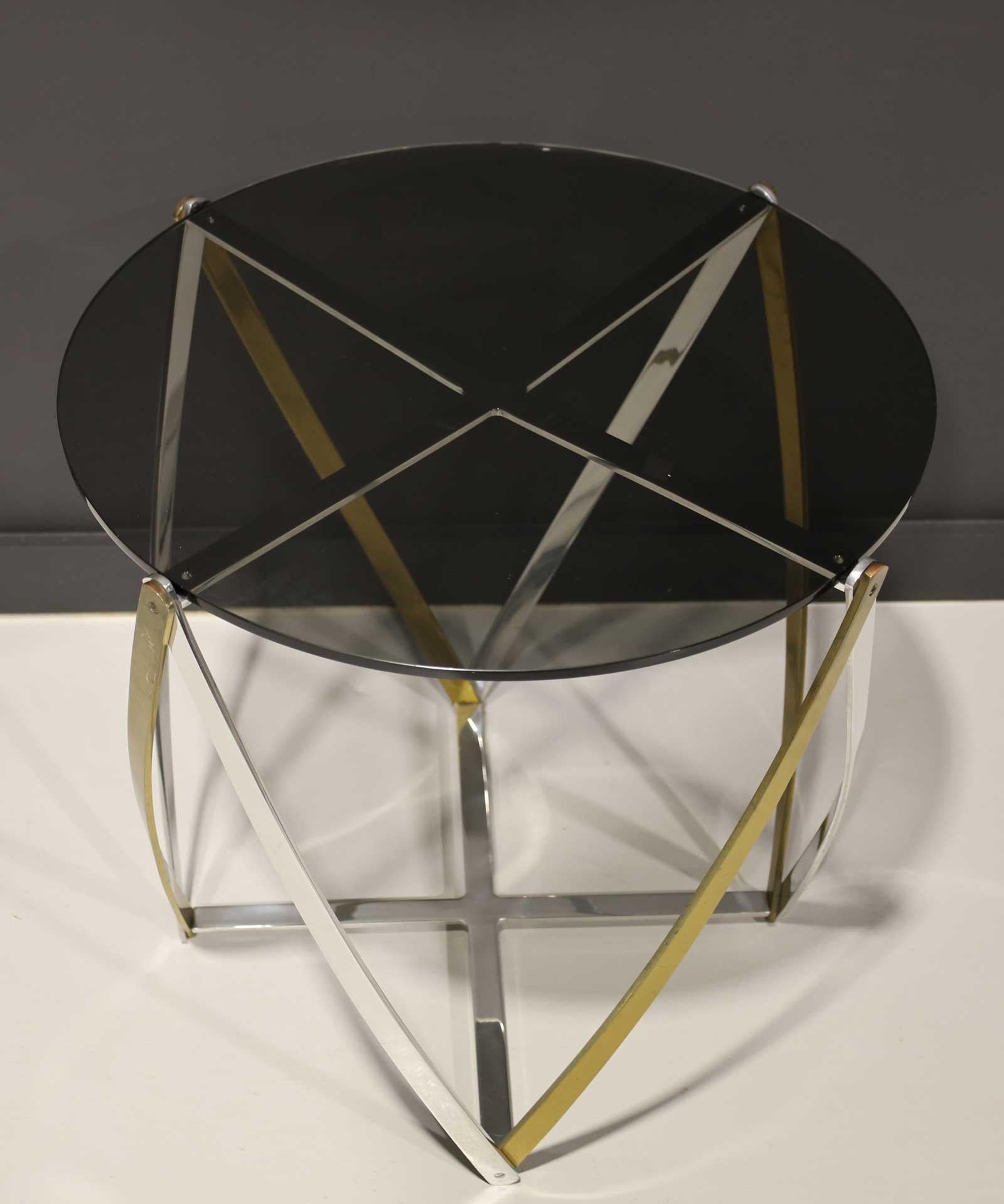 20th Century John Vesey Brass and Brushed Aluminum End Table 1970s, Smoked Glass Top For Sale