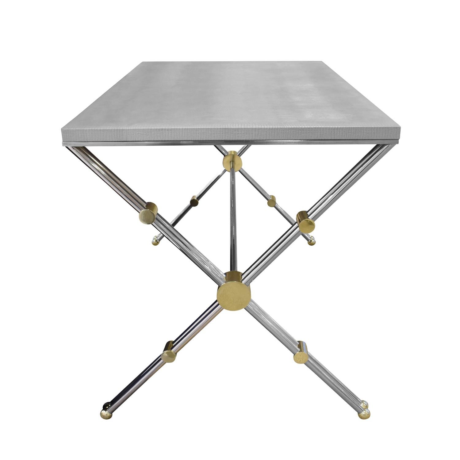 Modern John Vesey Desk in Stainless Steel and Brass with Embossed Leather Top, 1970s