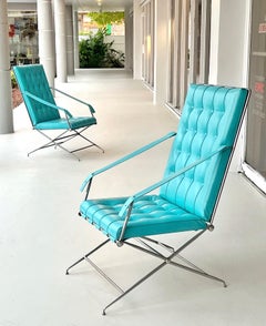 John Vesey Pair of Napoleonic Campaign Blue Leather and Steel Chairs