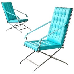 John Vesey Pair of Napoleonic Campaign Blue Leather and Steel Chairs