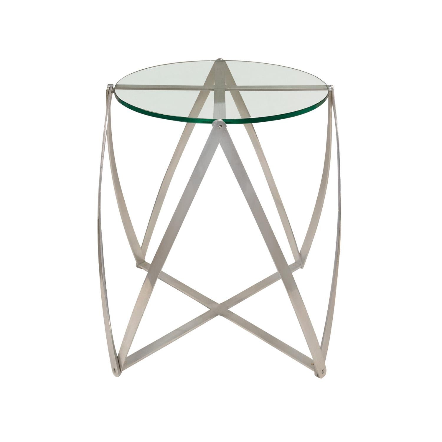 Sculptural end table in brushed aluminum with inset glass top by John Vesey, American 1970's.  As with all Vesey designs, this table is super chic and beautifully made.