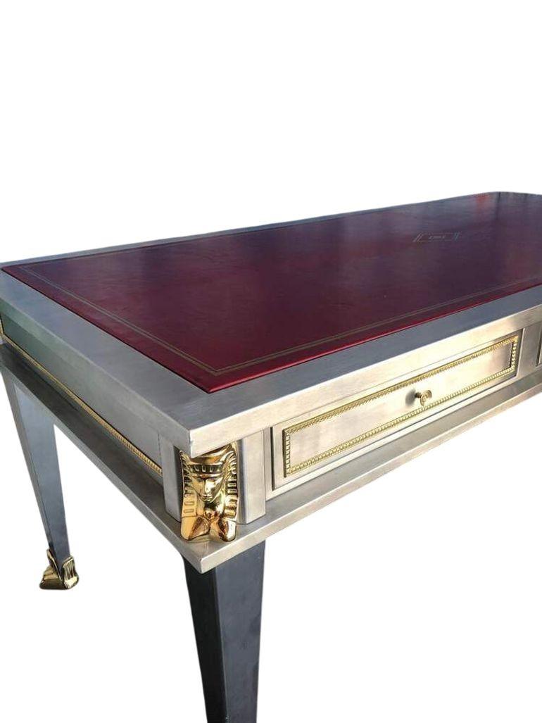 Bronze Bureau John Vesey en acier inoxydable et bronze avec plateau en cuir rouge, USA, fin du 20e s. en vente