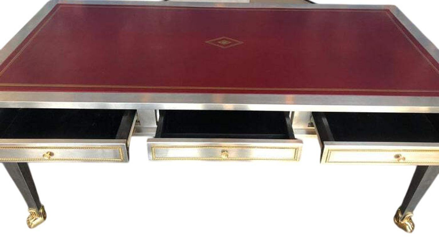 20ième siècle Bureau John Vesey en acier inoxydable et bronze avec plateau en cuir rouge, USA, fin du 20e s. en vente