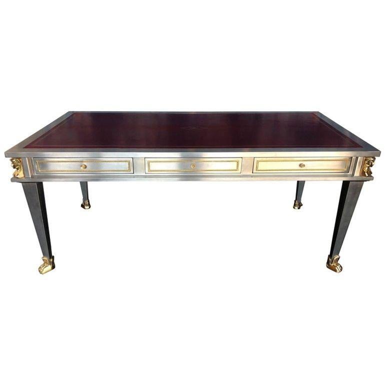Bureau John Vesey en acier inoxydable et bronze avec plateau en cuir rouge, USA, fin du 20e s. Bon état - En vente à Los Angeles, CA