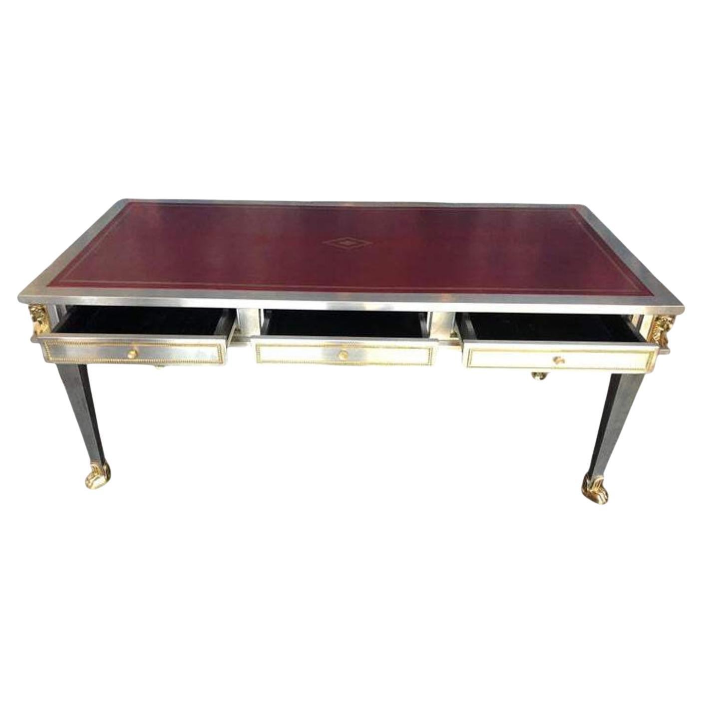 Bureau John Vesey en acier inoxydable et bronze avec plateau en cuir rouge, USA, fin du 20e s. en vente