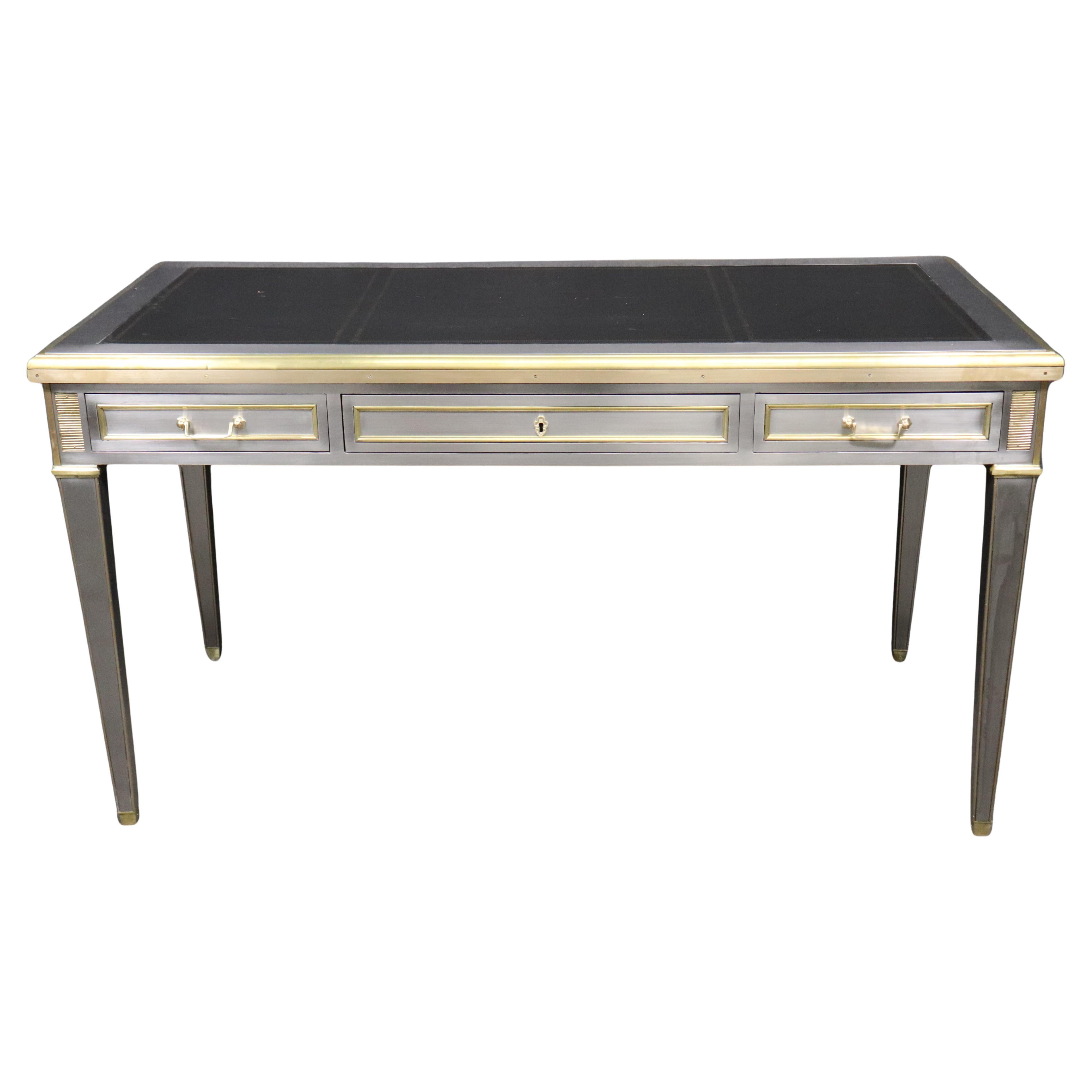 John Vesey Style Brass and Steel Embossed Leather Top Executive Directoire Desk