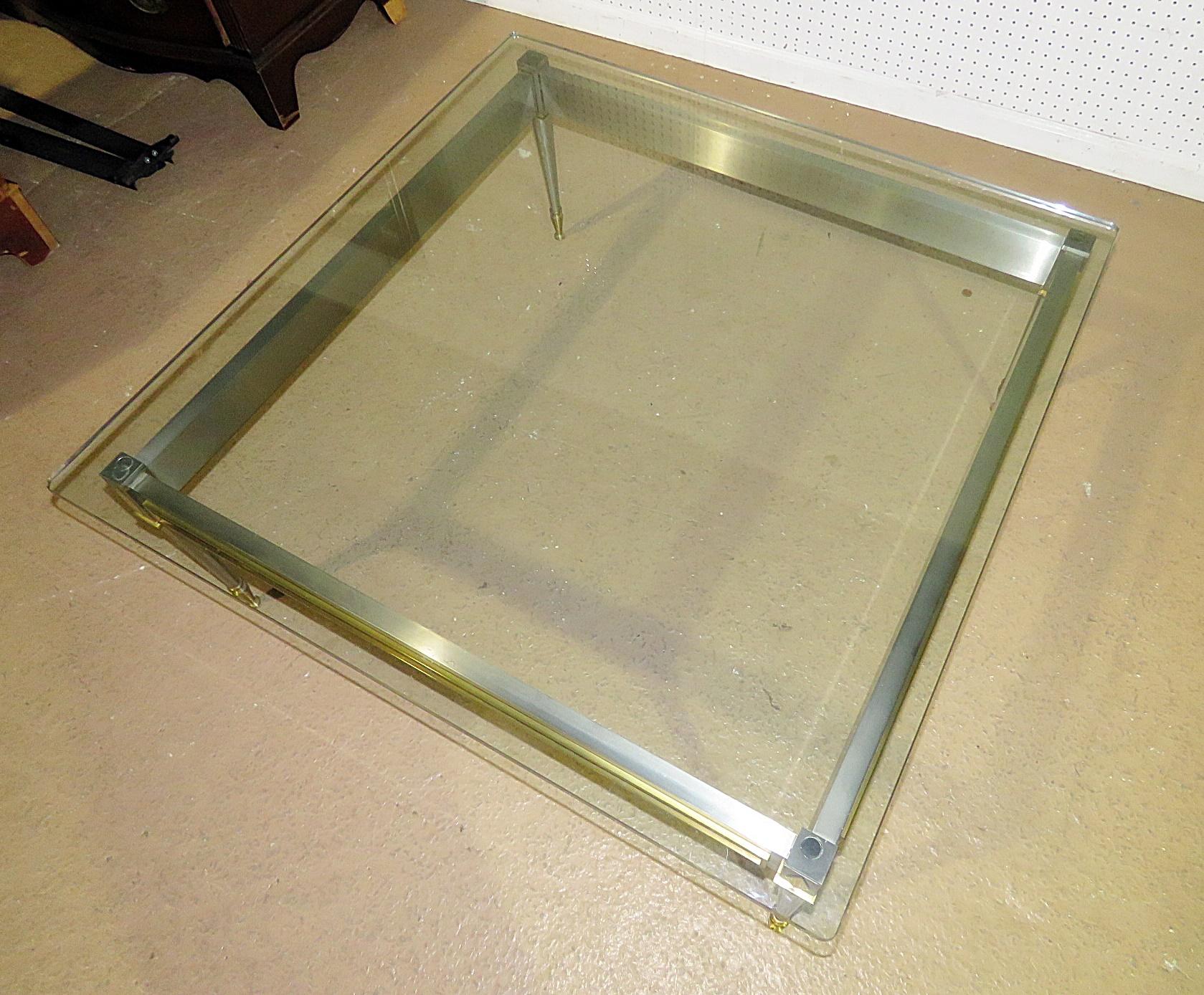 20th Century Square Steel Brass French Directoire Style Coffee Table Attributed John Vesey For Sale