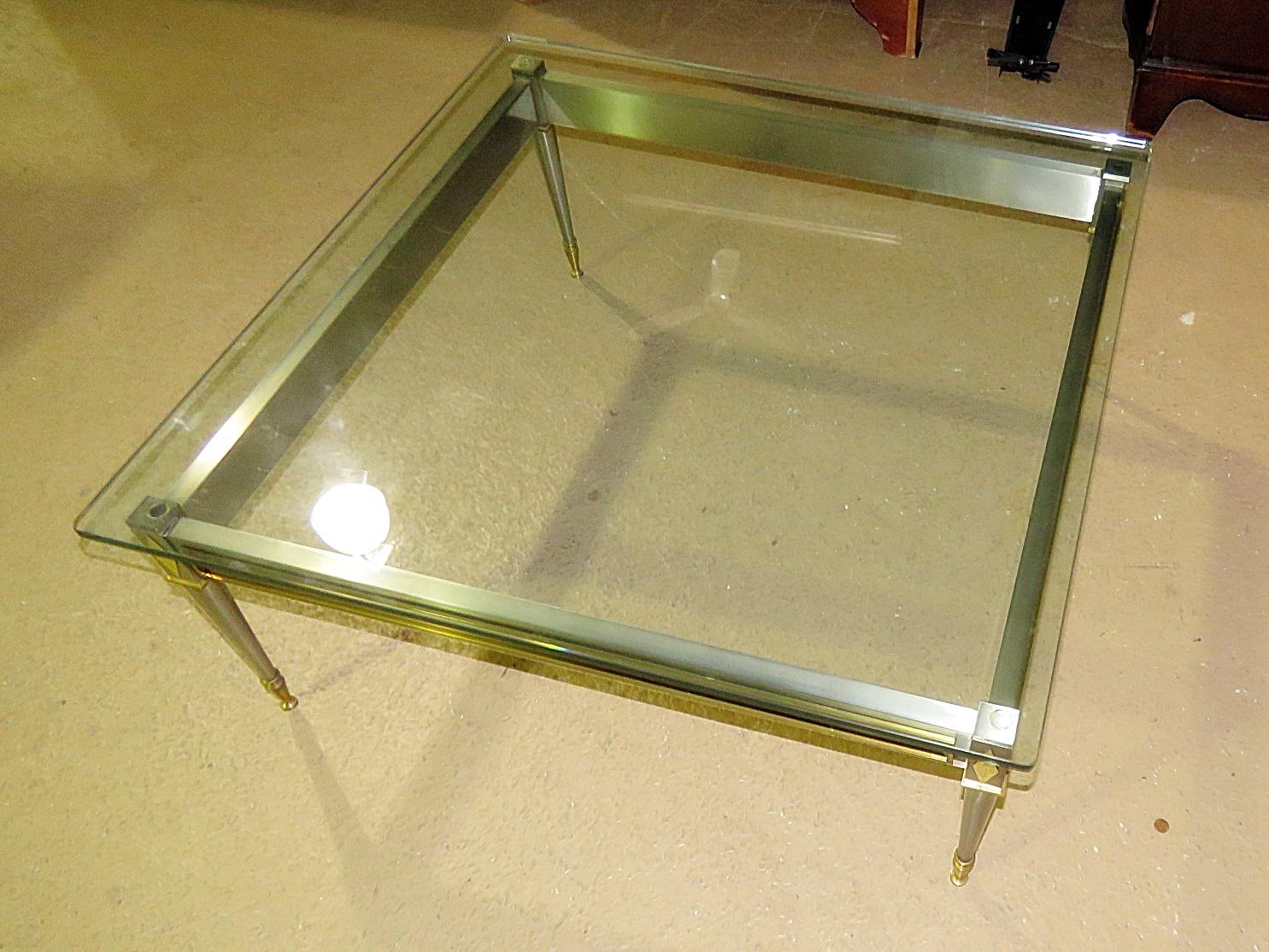 Square Steel Brass French Directoire Style Coffee Table Attributed John Vesey For Sale 1