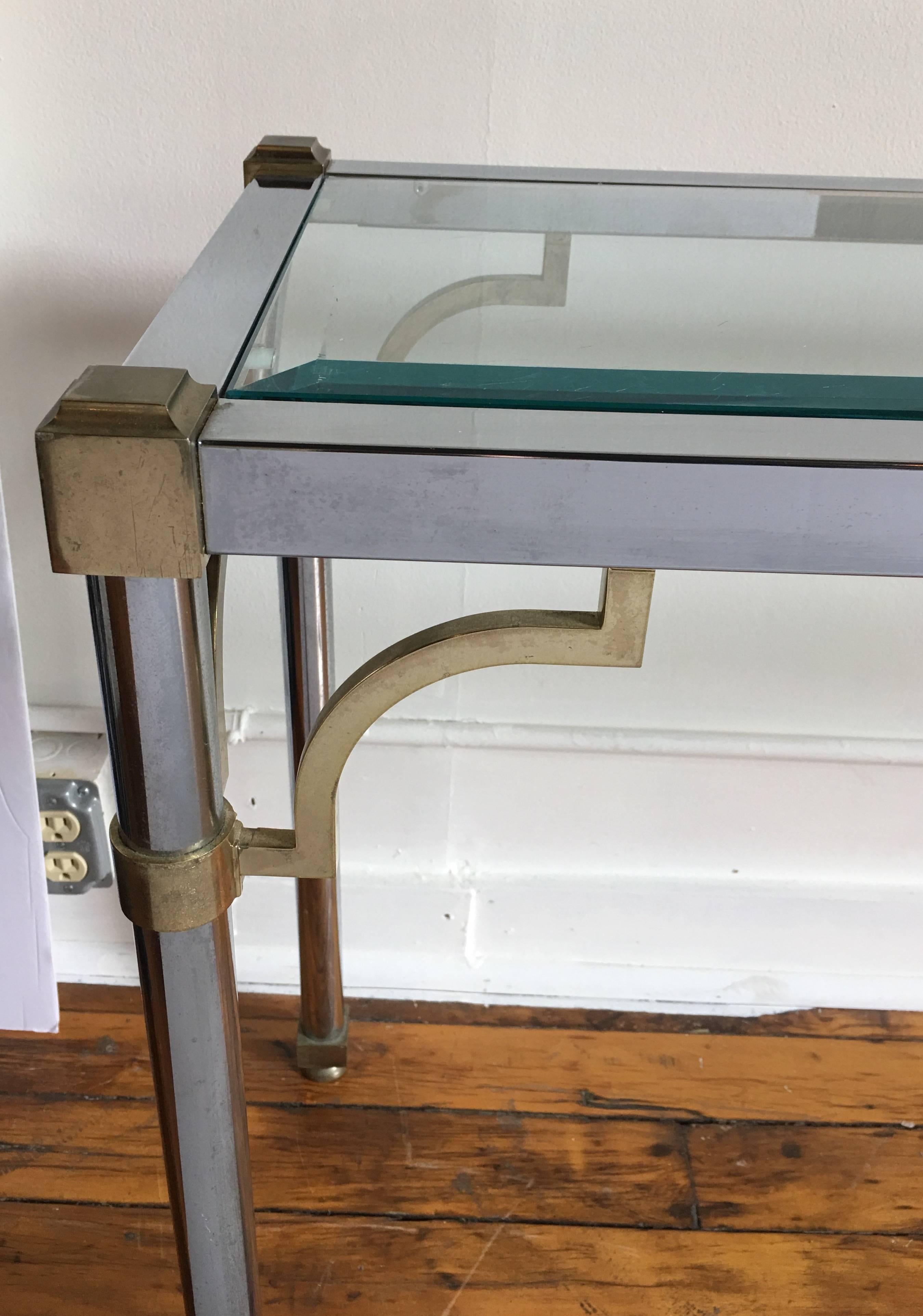 Late 20th Century John Vesey Style Mid-Century Modern Brass Chrome & Glass Console Table, 1970s For Sale