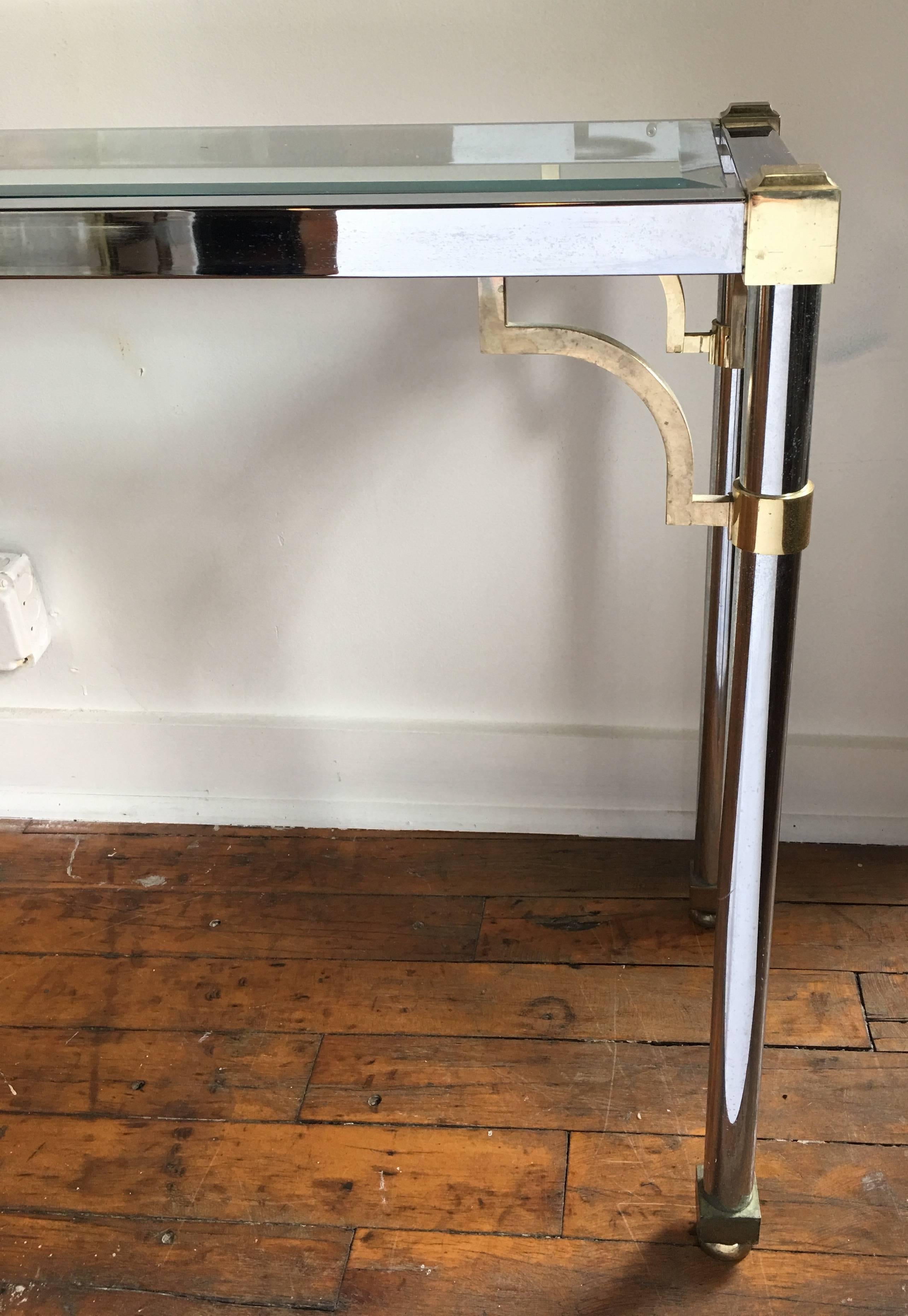 John Vesey Style Mid-Century Modern Brass Chrome & Glass Console Table, 1970s For Sale 3