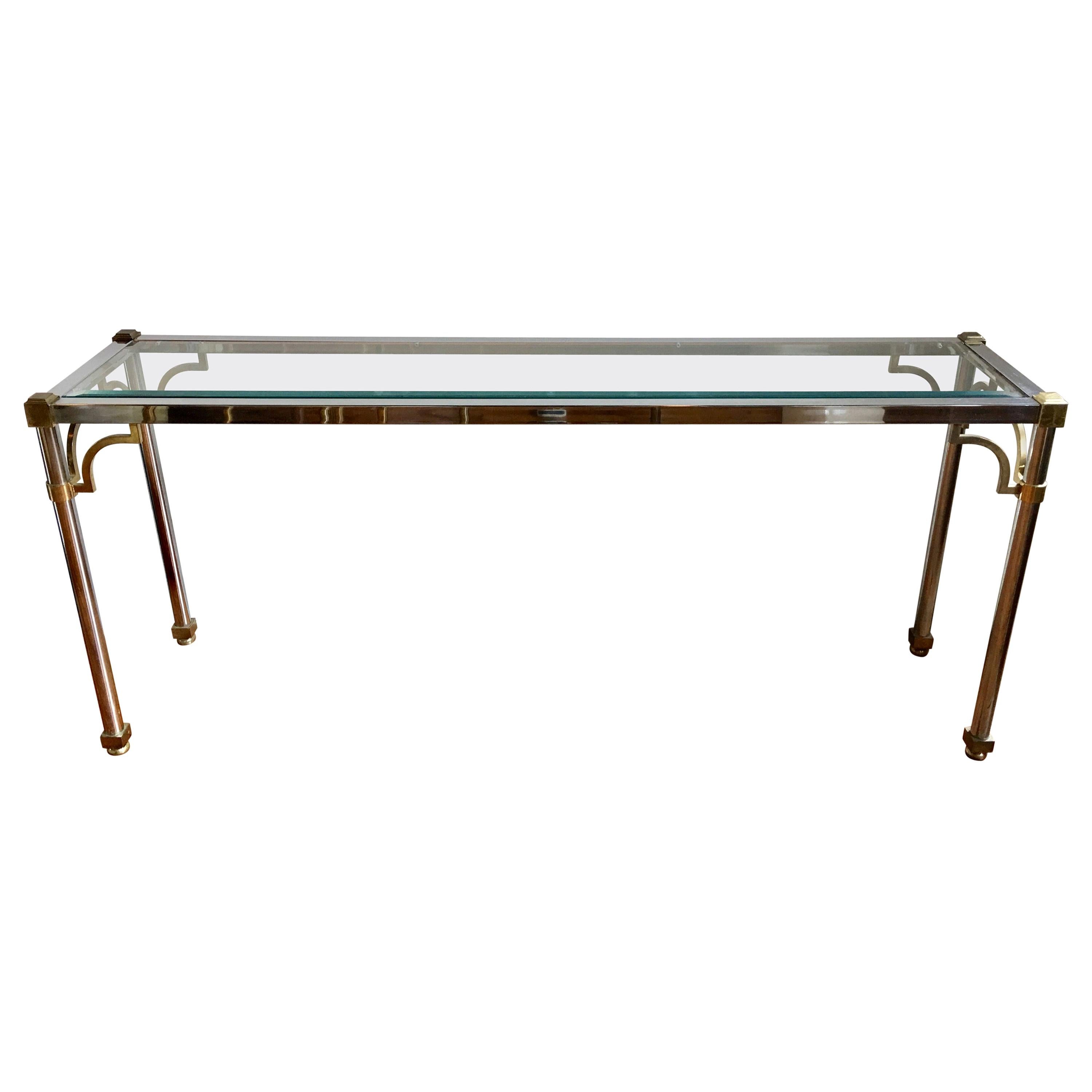 John Vesey Style Mid-Century Modern Brass Chrome & Glass Console Table, 1970s