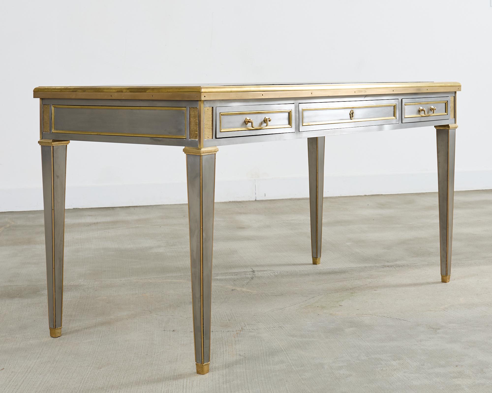 Hand-Crafted John Vesey Style Steel Bronze Mounted Library Table Desk For Sale