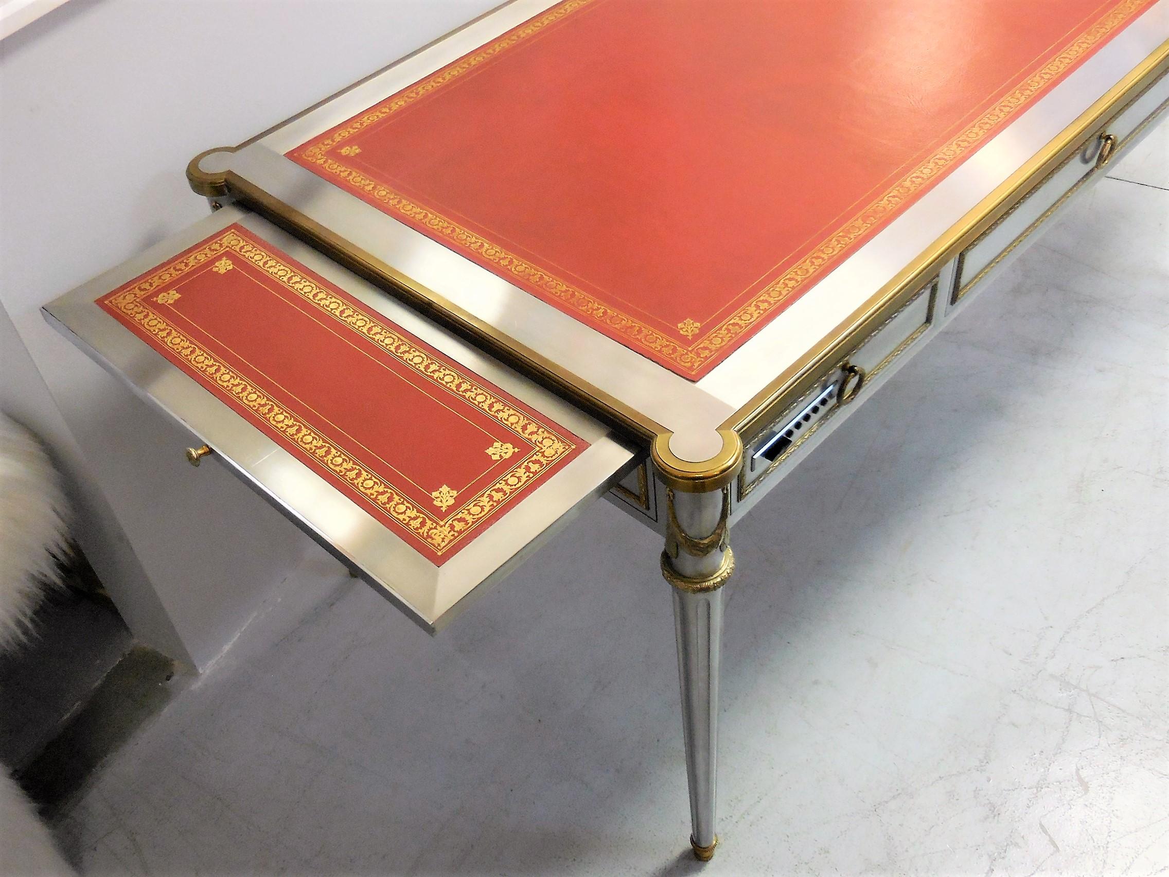 Brushed John Vesey V-60 Stainless Steel Bronze and Red Leather Desk, 1960s For Sale