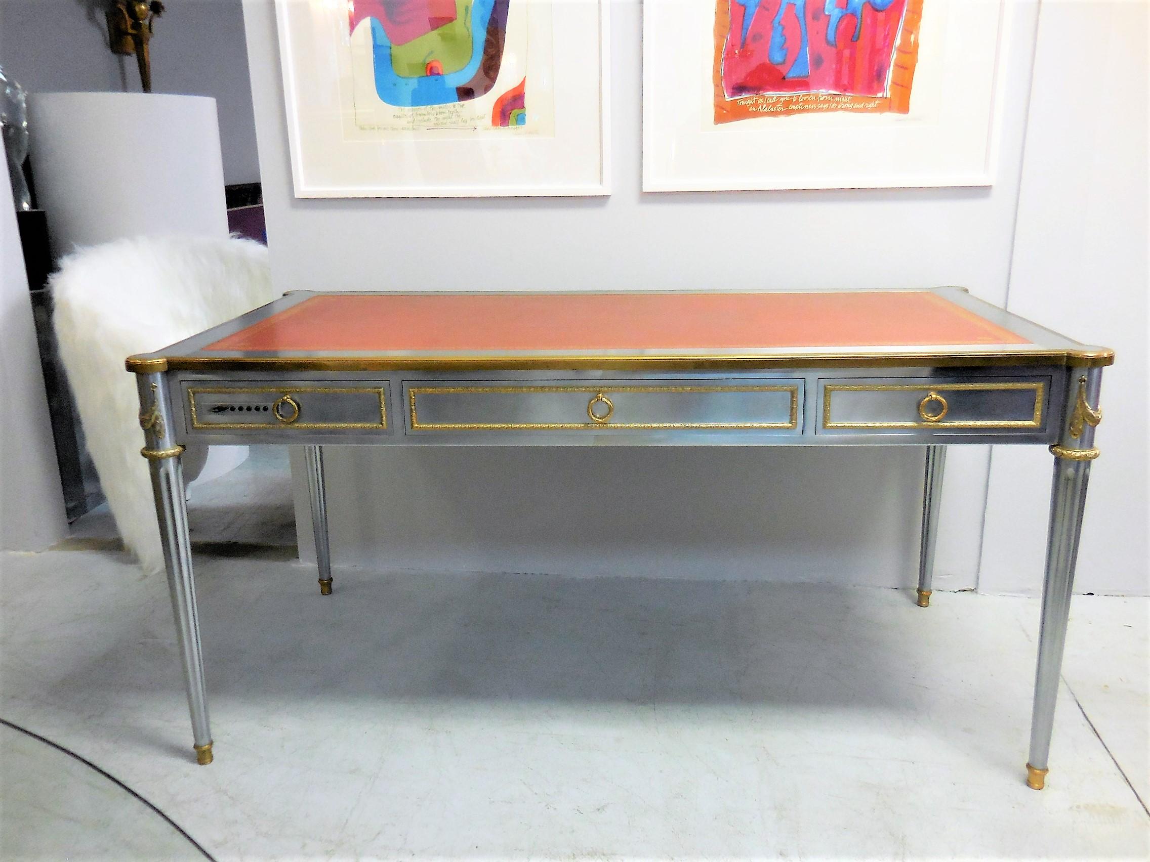 Mid-20th Century John Vesey V-60 Stainless Steel Bronze and Red Leather Desk, 1960s For Sale