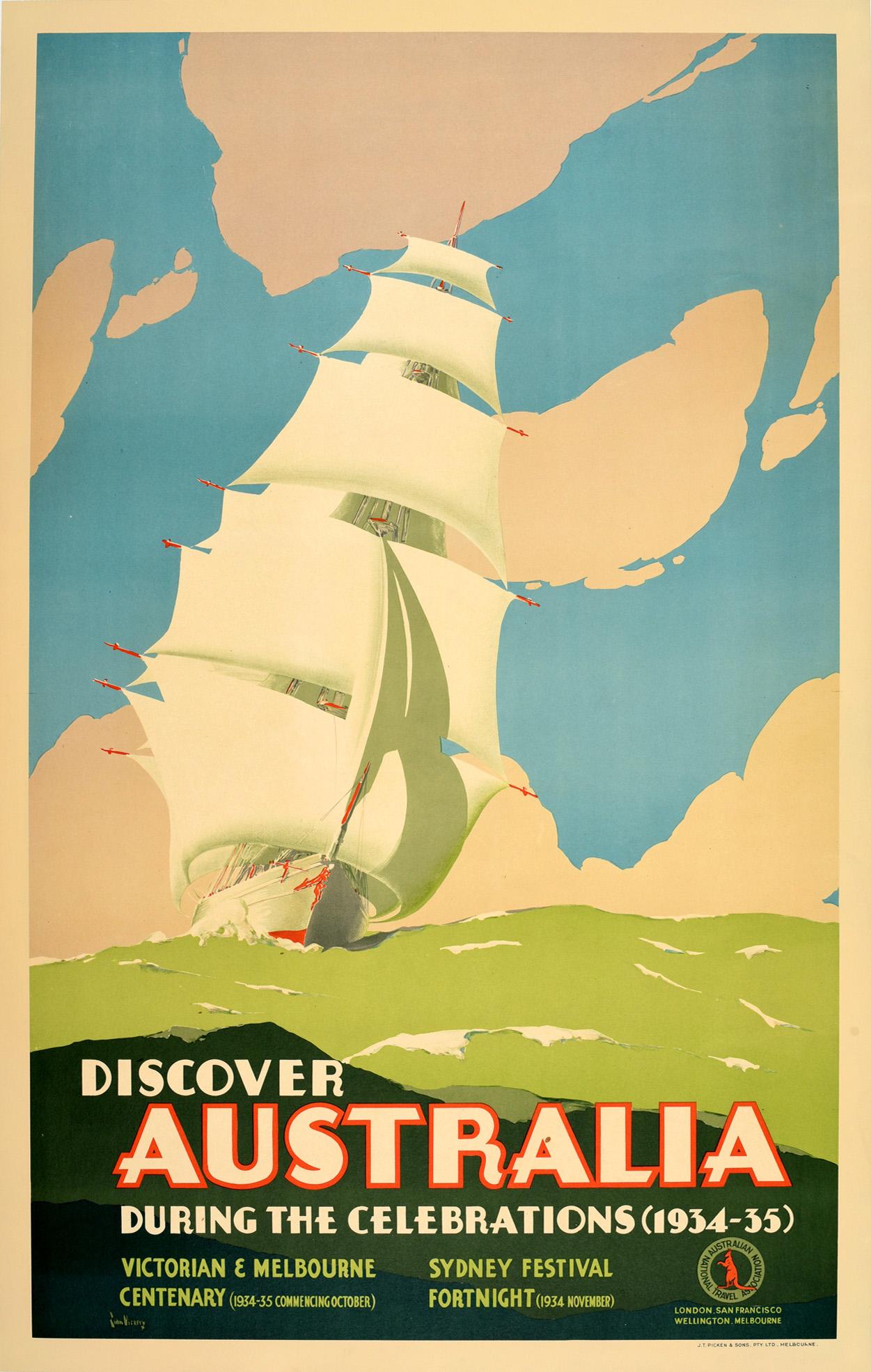 John Vickery Print - Original Vintage Poster Australia Victorian Melbourne Sydney Festival Tall Ship