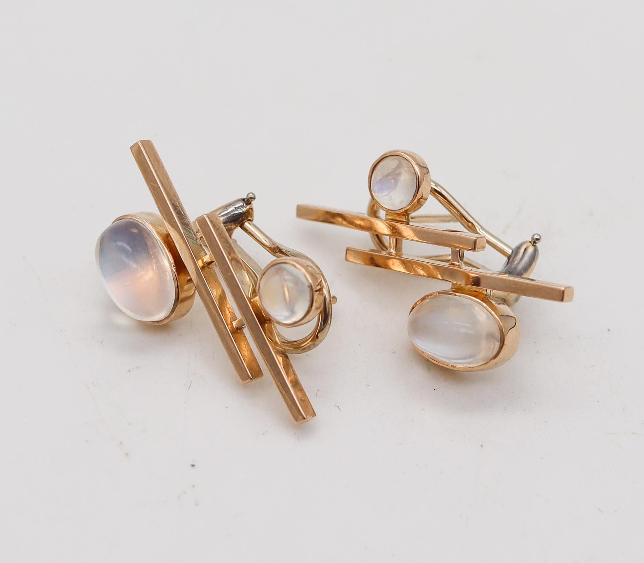 Modernist John Victor Rørvig 1965 Geometric Earrings In 18kt Gold With Four Moonstones