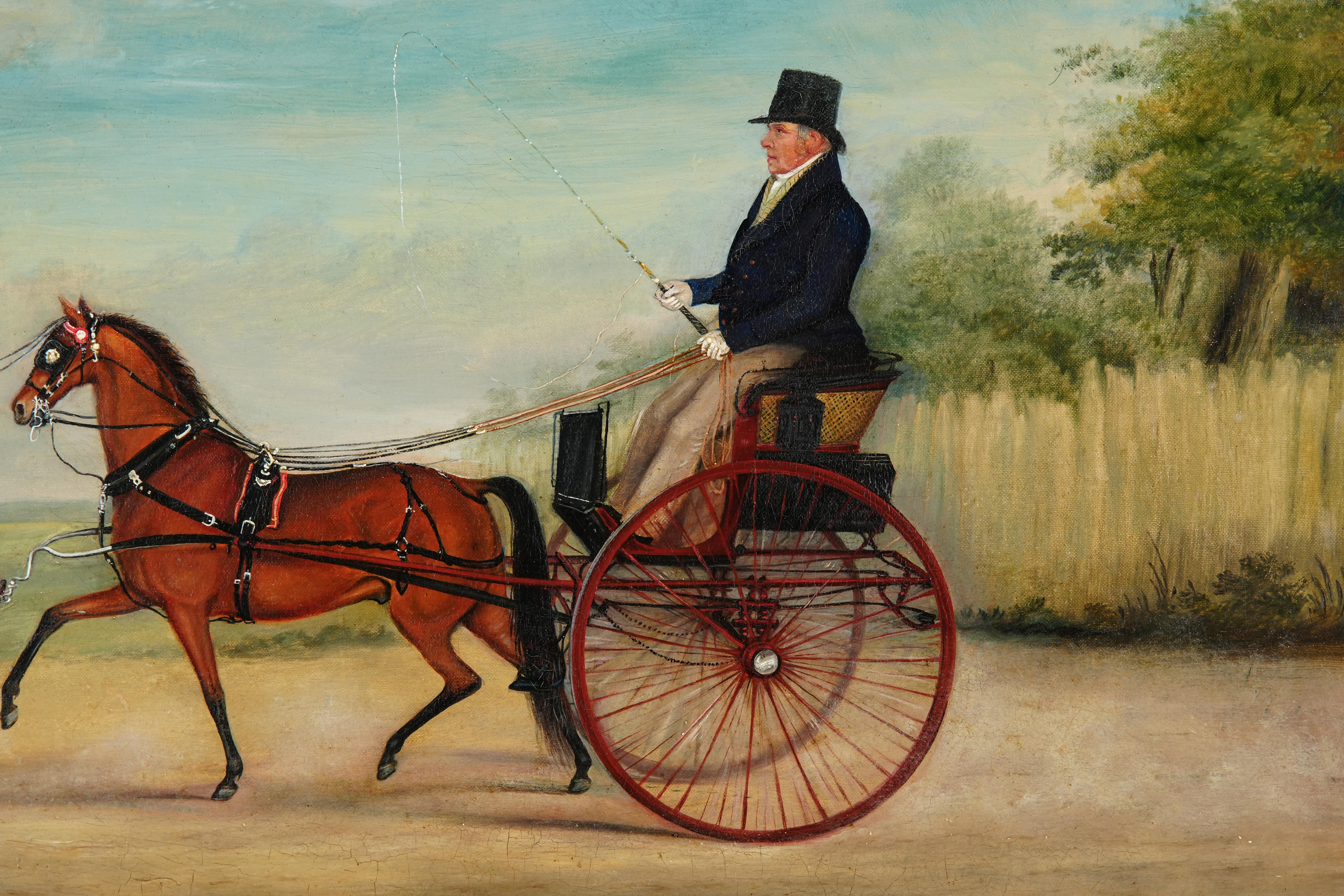 cheval et attelage, scène de campagne, huile ancienne, par John Vine de Colchester - Marron Animal Painting par john vine of colchester