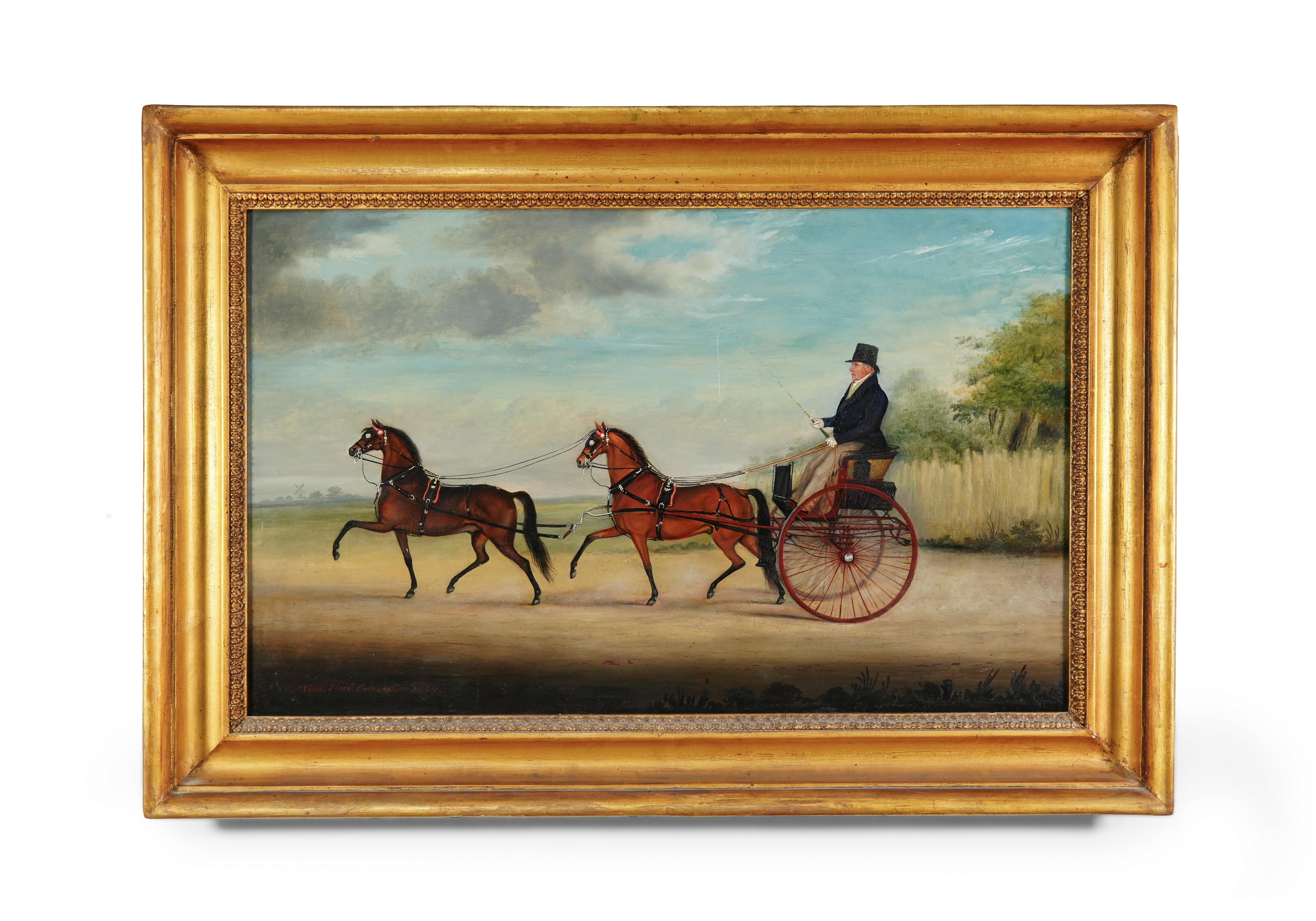 horse & carriage/gig, ländliche Szene, antikes Ölgemälde, von John Vine of Colchester