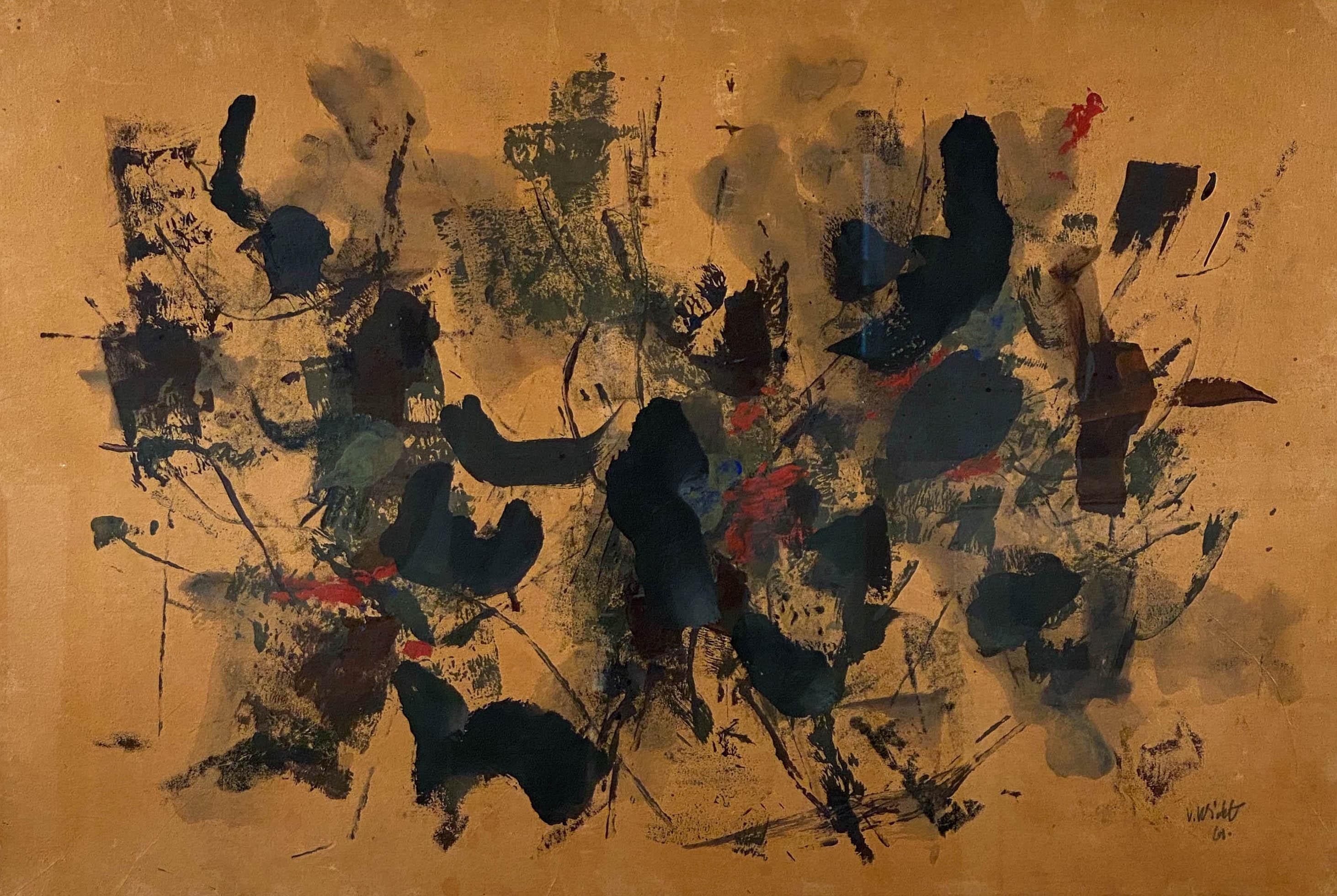 John Von Wicht
American, 1888-1970
Abstract Composition

Oil & mixed media on Paper
25 by 38 in.  W/frame 31 by 44 in.
Signed lower right  & dated 61

Johannes Von Wicht was born in Malente, Germany on February 3rd, 1888. His mother moved the family