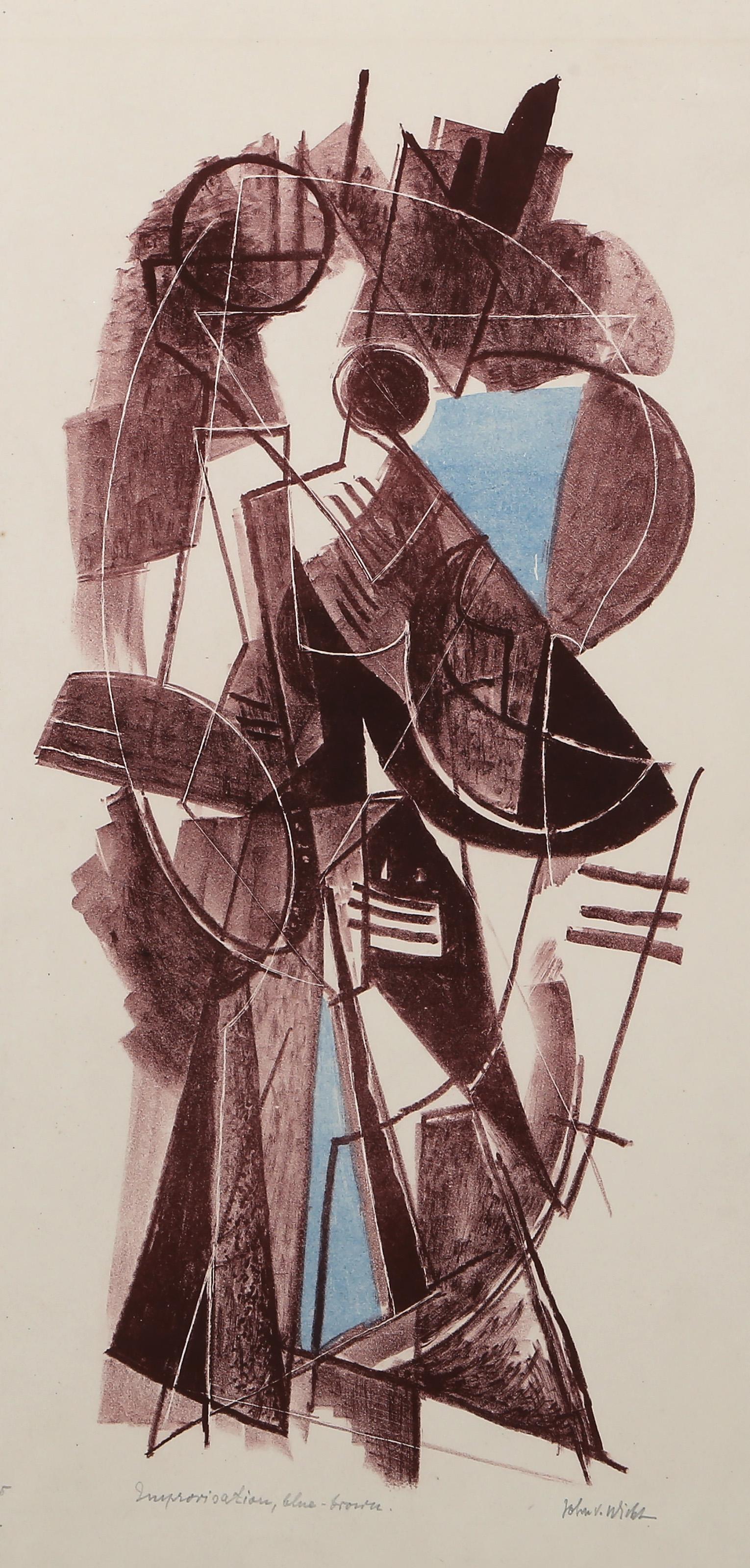 John von Wicht, americano (1888 - 1970) - Improvvisazione, Blue-Brown, Anno:  1965 circa, Medio:  Litografia, firmata, intitolata e numerata a matita, Edizione:  2/15, Dimensione immagine:  17 x 8,5 pollici, Dimensioni:  21.5 x 12.75 in. (54.61 x