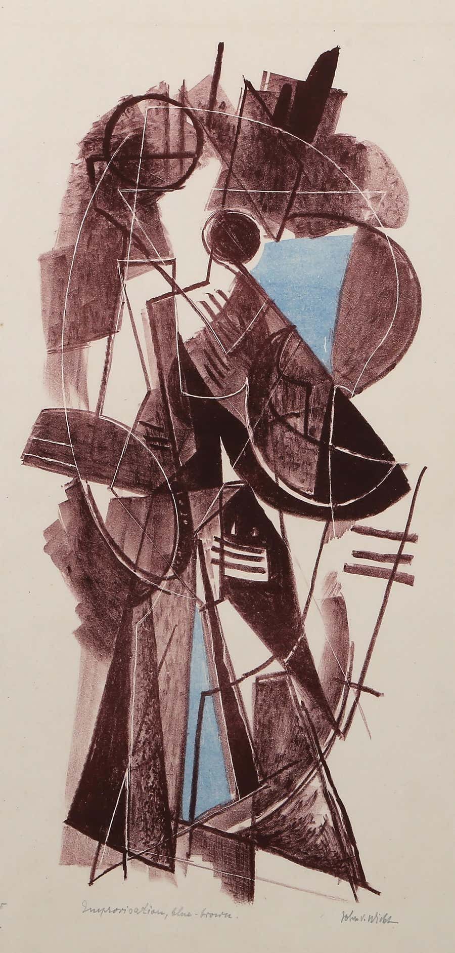 Improvisation, Blue-Brown, Abstract Expressionist Lithograph by John von Wicht