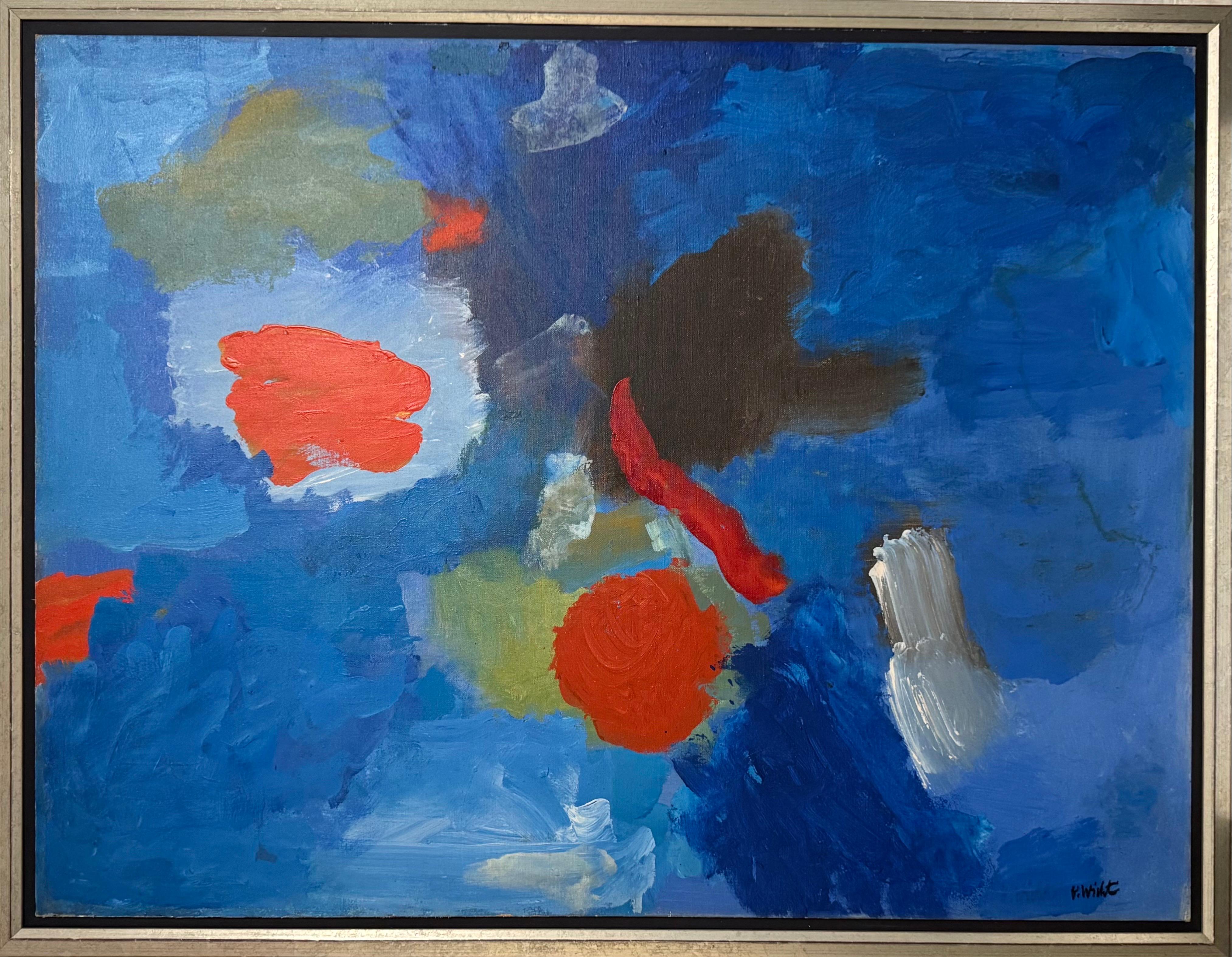 John von Wicht (German American, 1888-1970) 
"On Blue"
1964
Oil and acrylic on canvas
Hand signed lower right "V. Wicht", 
Hand signed, titled, and dated on the stretcher "1964-66"
Dimensions 38 x 50 in. Frame: 41 1/2 x 53 3/4 x 1 3/4
