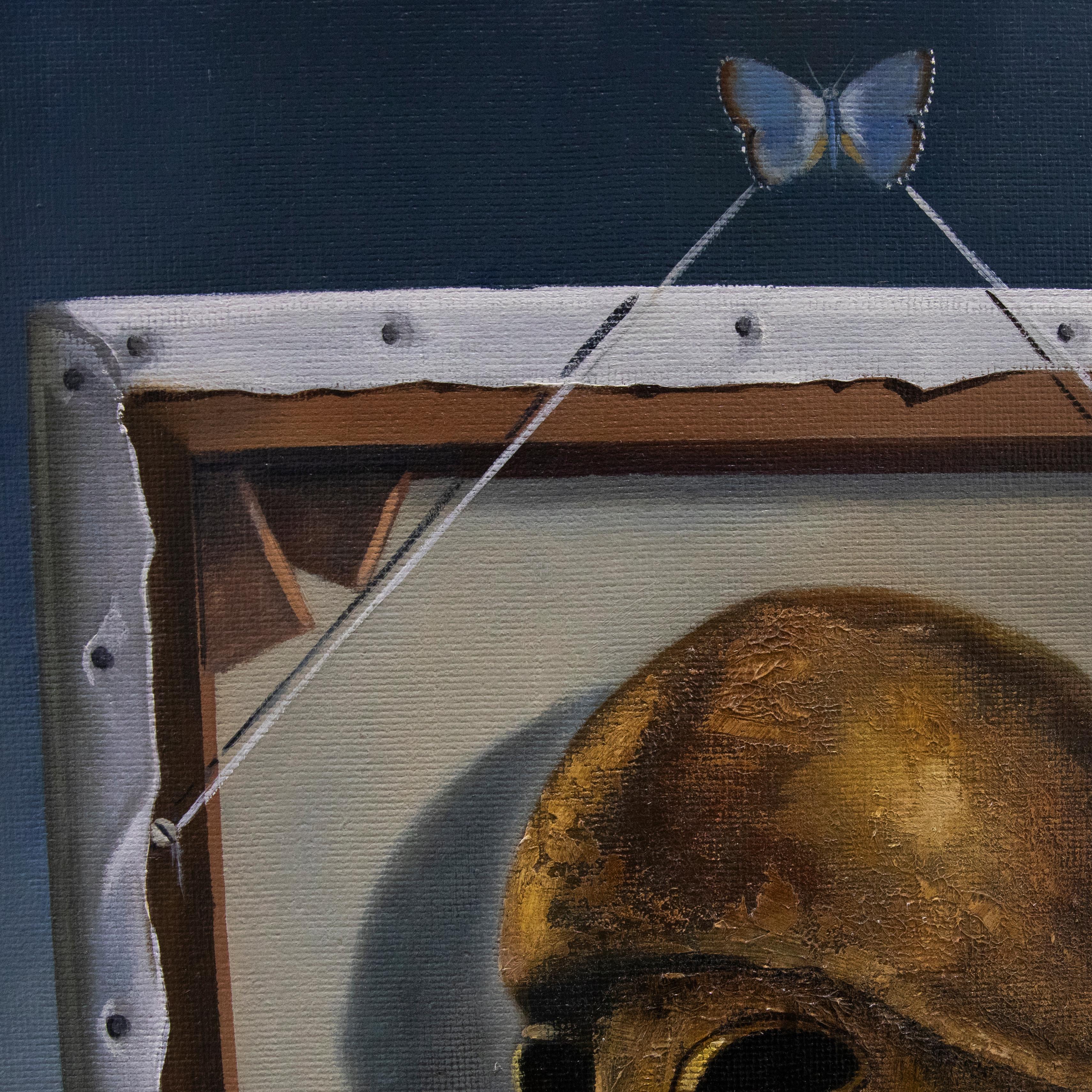 A charming surrealist study of a warrior's bronze helmet against the reverse of a stretched canvas. The canvas is held by a single butterfly that holds the string on each wing. The artist uses an accomplished hand to capture the atmospheric seascape