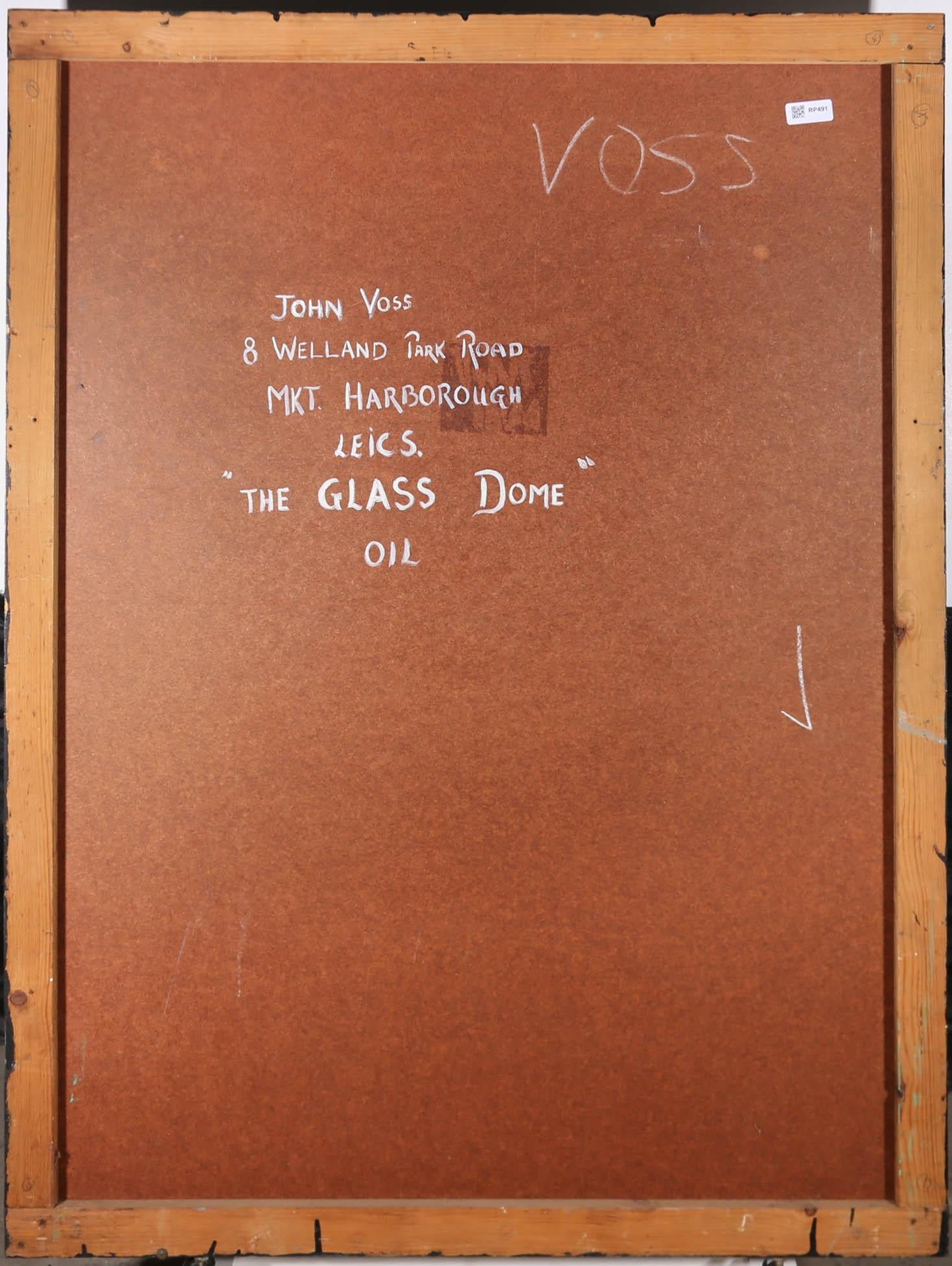 A striking 20th Century oil combining Surrealism with exquisitely painted trompe-l'œil still life, showing a woman's head floating in a glass dome on a plinth made from an old wooden door. The backdrop is formed from a reverse canvas on an easel,