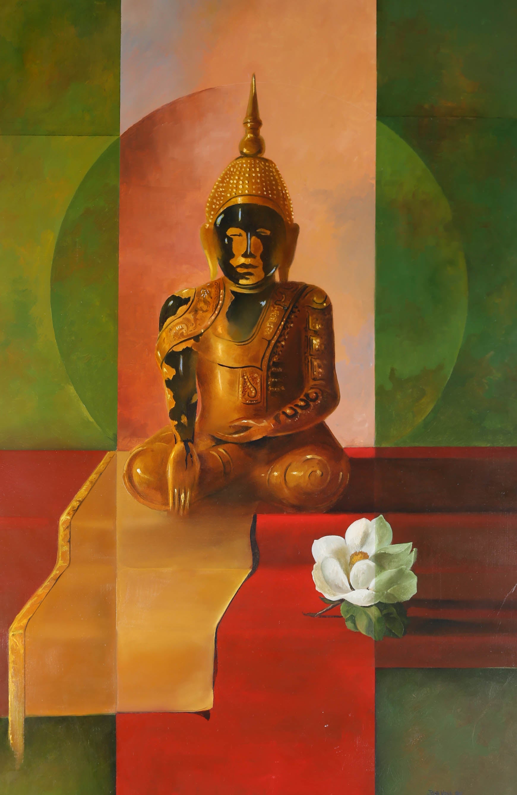 A striking 20th Century still life, combining Surrealism with elements of exquisitely painted trompe-l'œil. The surrealist still life shows a Buddha, its golden surface crumbling to revela black underneath, sits on red steps, with a delicate white