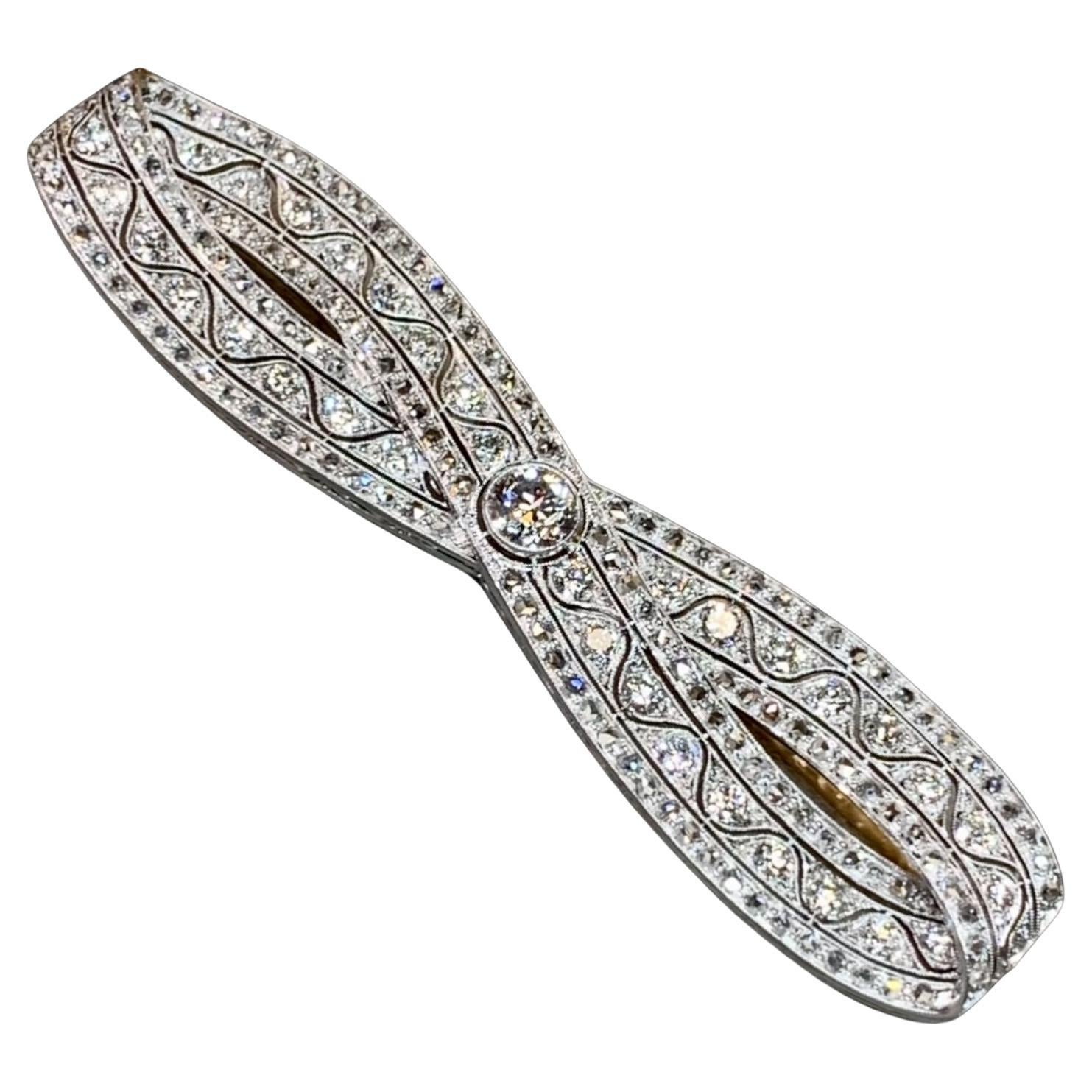 JOHN W. CHARLTON Antique Deco Platinum Old European Mine Cut Diamond Bow Brooch