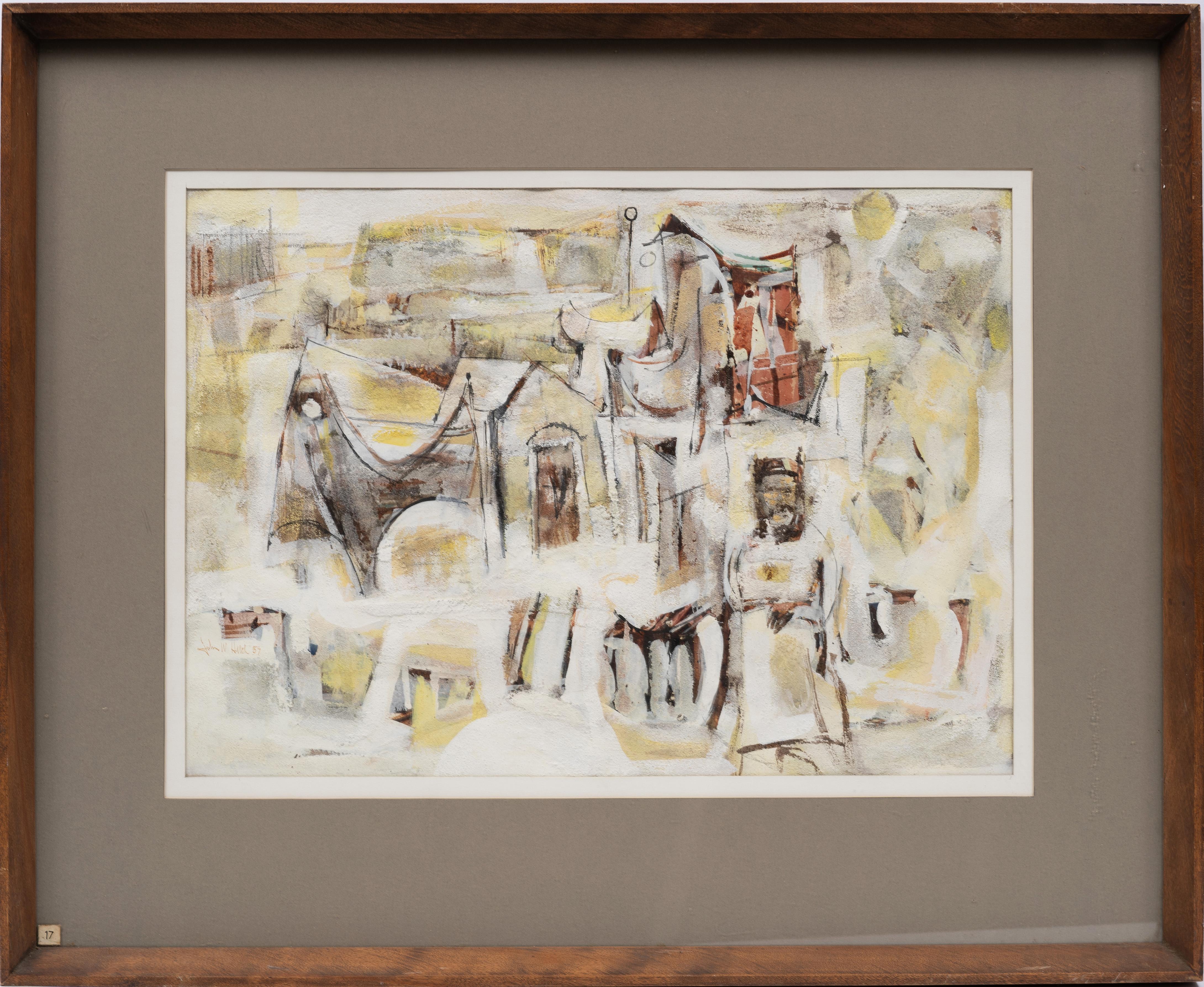 Vintage abstract composition by John W. Hatch (1919 - 1998, American).  Exhibited work with a tag lower left.  Gouache and watercolor on paper.  Signed.  Framed.