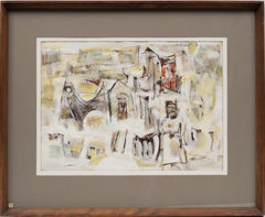 Antique American Modernist Abstract Cubist Painting Architectural Composition