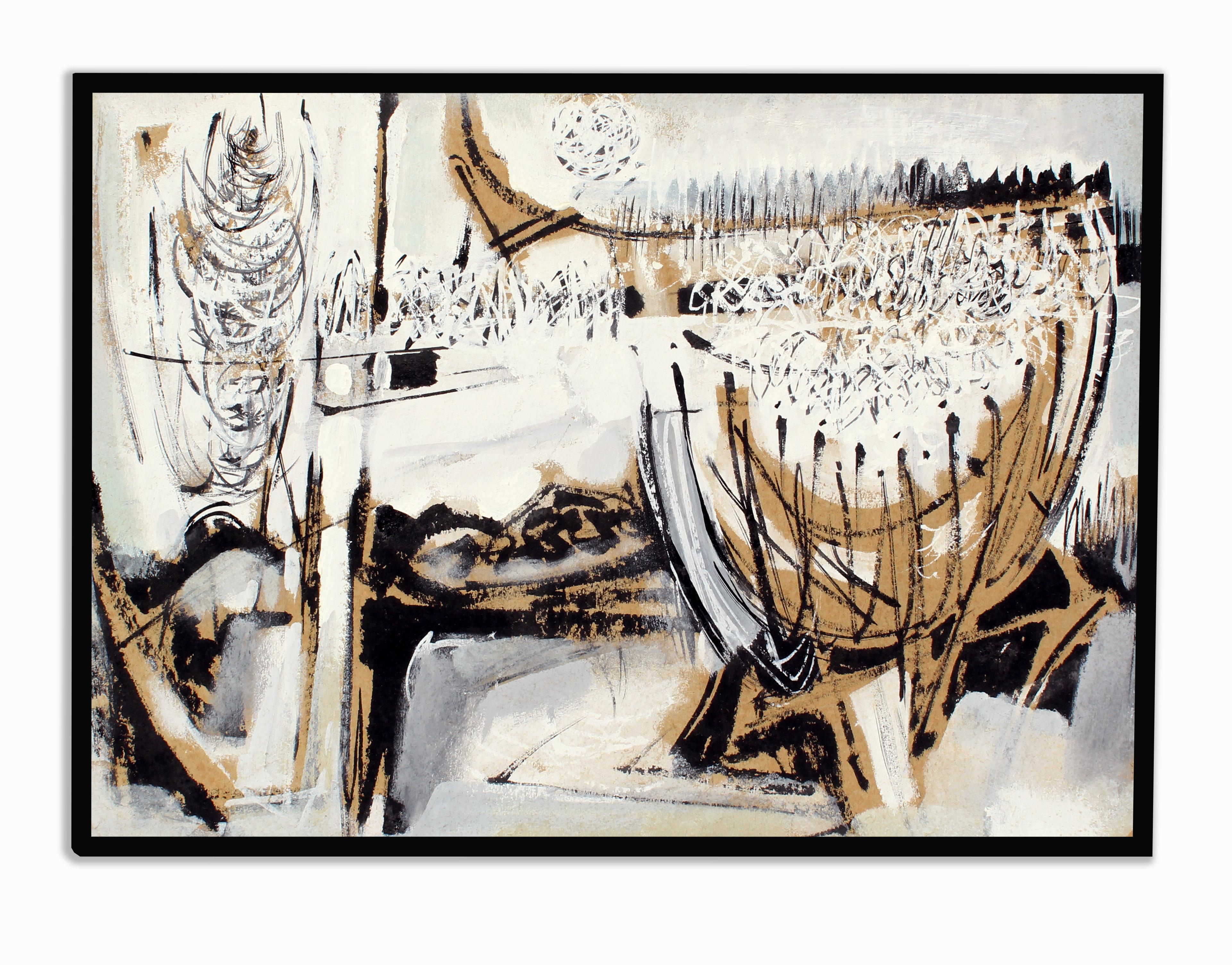 John Hatch Pintura al óleo abstracta cubista americana Años 50 Mediados de siglo Blanco y negro