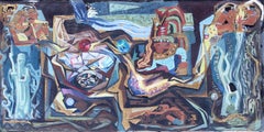 John Hatch American Cubist Abstract Oil Painting 1950's Mid C Egyptian Mural