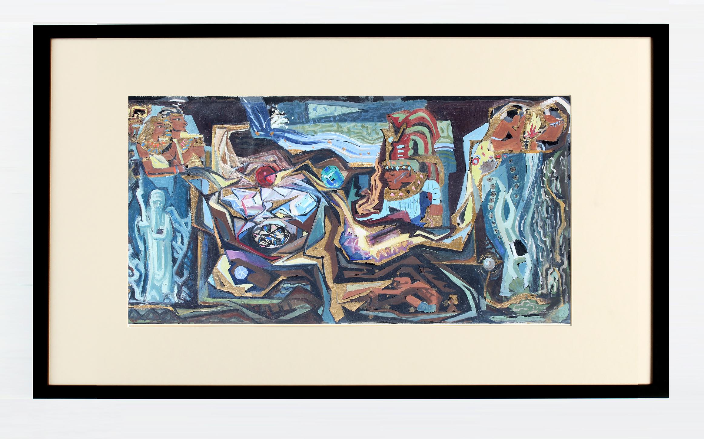 JOHN W. HATCH Abstract Painting - John Hatch American Cubist Abstract Oil Painting 1950's Mid C Egyptian Mural