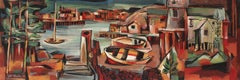 John Hatch American Cubist Landscape Oil Painting Colorful Harbor Seascape 1953