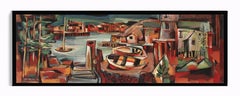 John Hatch American Cubist Landscape Oil Painting Colorful Harbor Seascape 1953