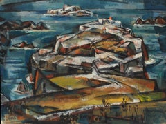 John Hatch American Cubist Landscape Oil Painting Massachusetts Seascape 1952