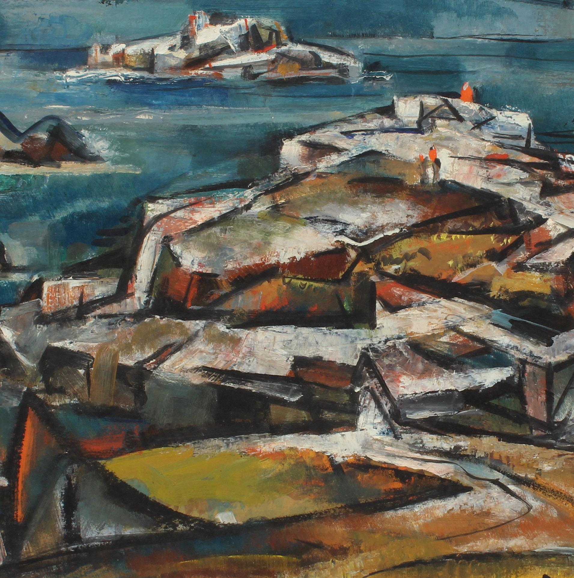 John Hatch Paisaje cubista americano Pintura al óleo Paisaje marino de Massachusetts 1952 - Painting Cubista de JOHN W. HATCH