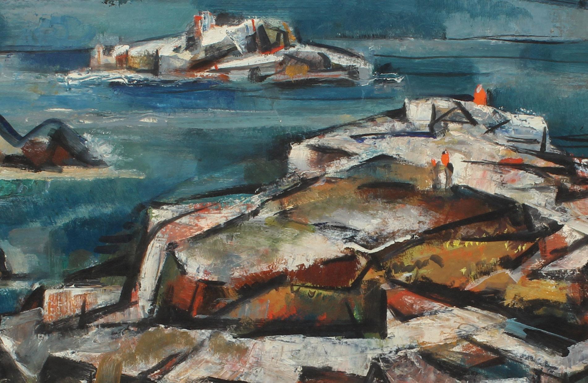 Peinture à l'huile - Paysage cubiste américain - paysage marin du Massachusetts - 1952 - John Hatch - Cubisme Painting par JOHN W. HATCH