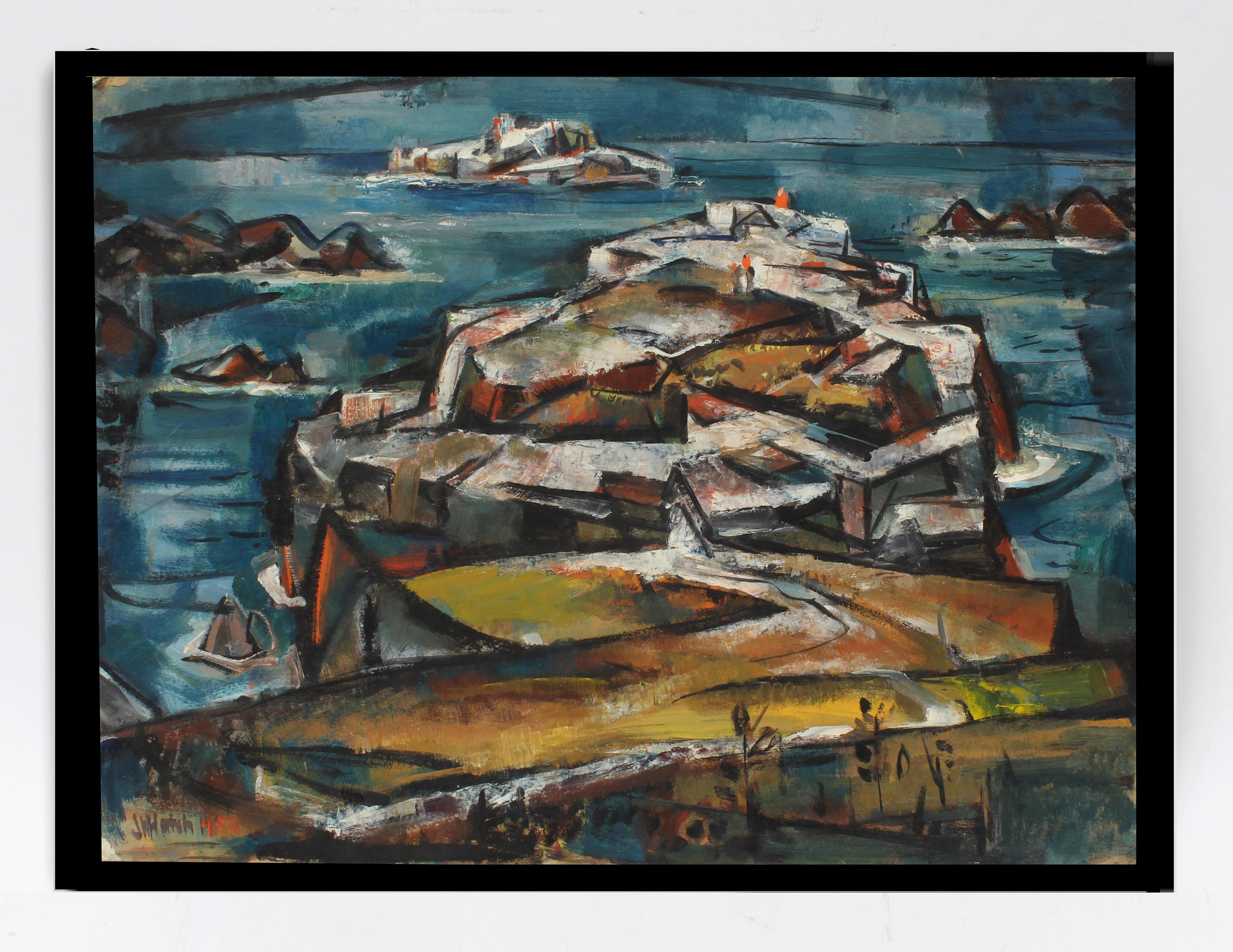 Peinture à l'huile - Paysage cubiste américain - paysage marin du Massachusetts - 1952 - John Hatch