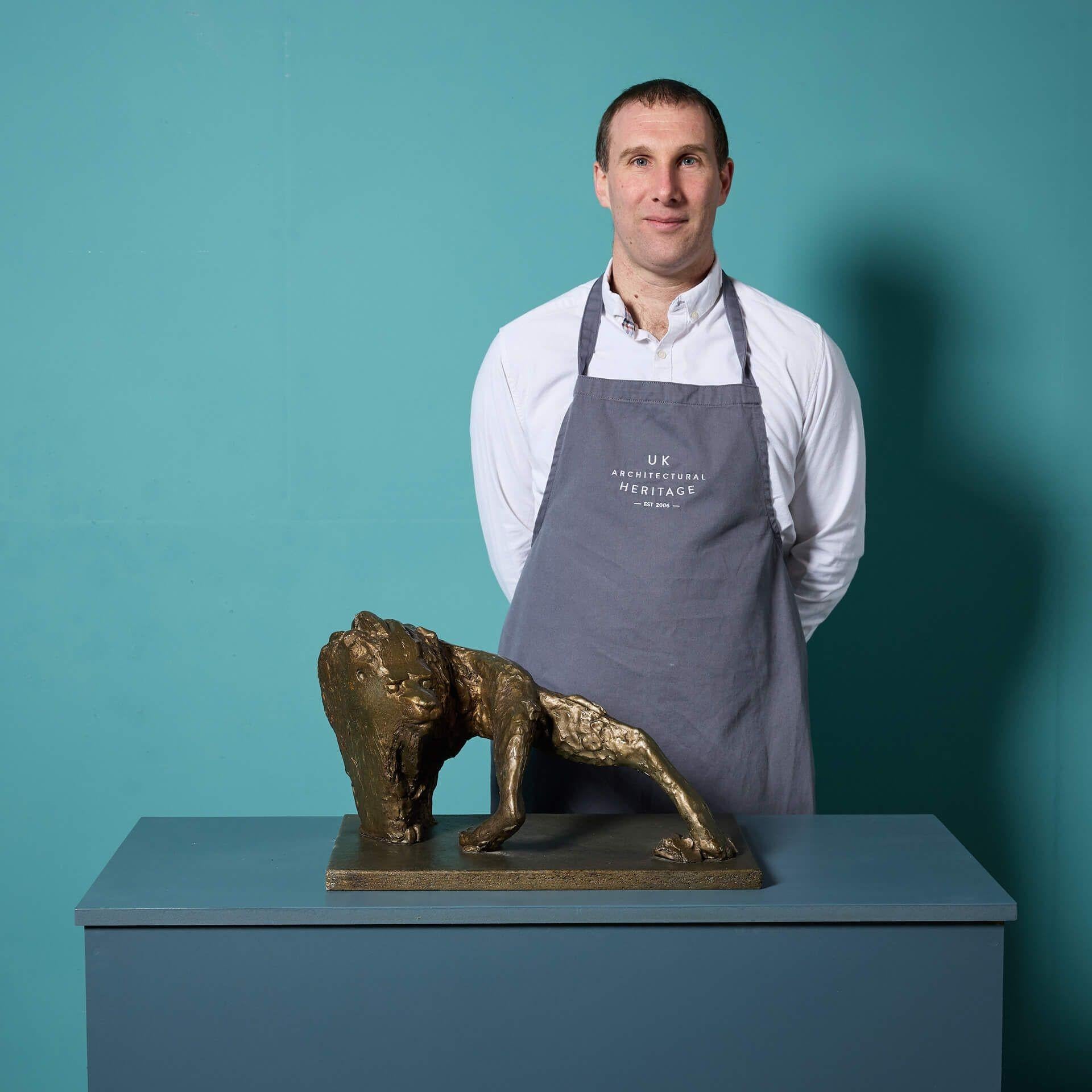 A fascinating bronzed tabletop sculpture of a prowling lion by the acclaimed British sculptor, John W. Mills. This is an original resin maquette from the artist’s Caged Lion series which explores the symbolism of confining such a great and powerful