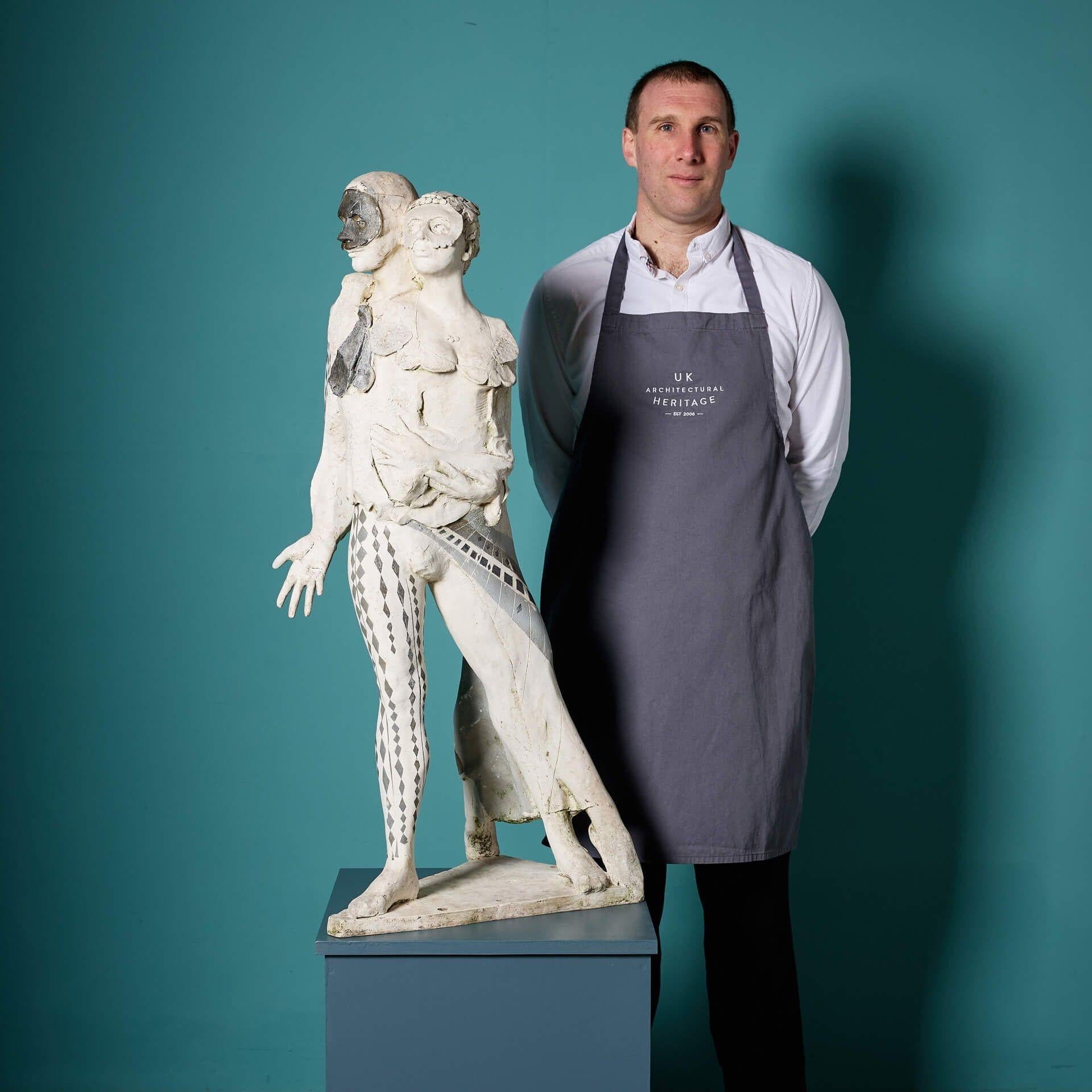 A large figurative sculpture depicting the two dancers, Harlequin and Columbine, by the acclaimed British sculptor, John W. Mills. Part of the artist’s ‘Harlequinade’ series, this is just one of various resin maquettes we are selling from the