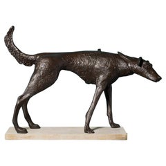 John W. Mills (1933-2023) Large Dog Sculpture on Limestone Base